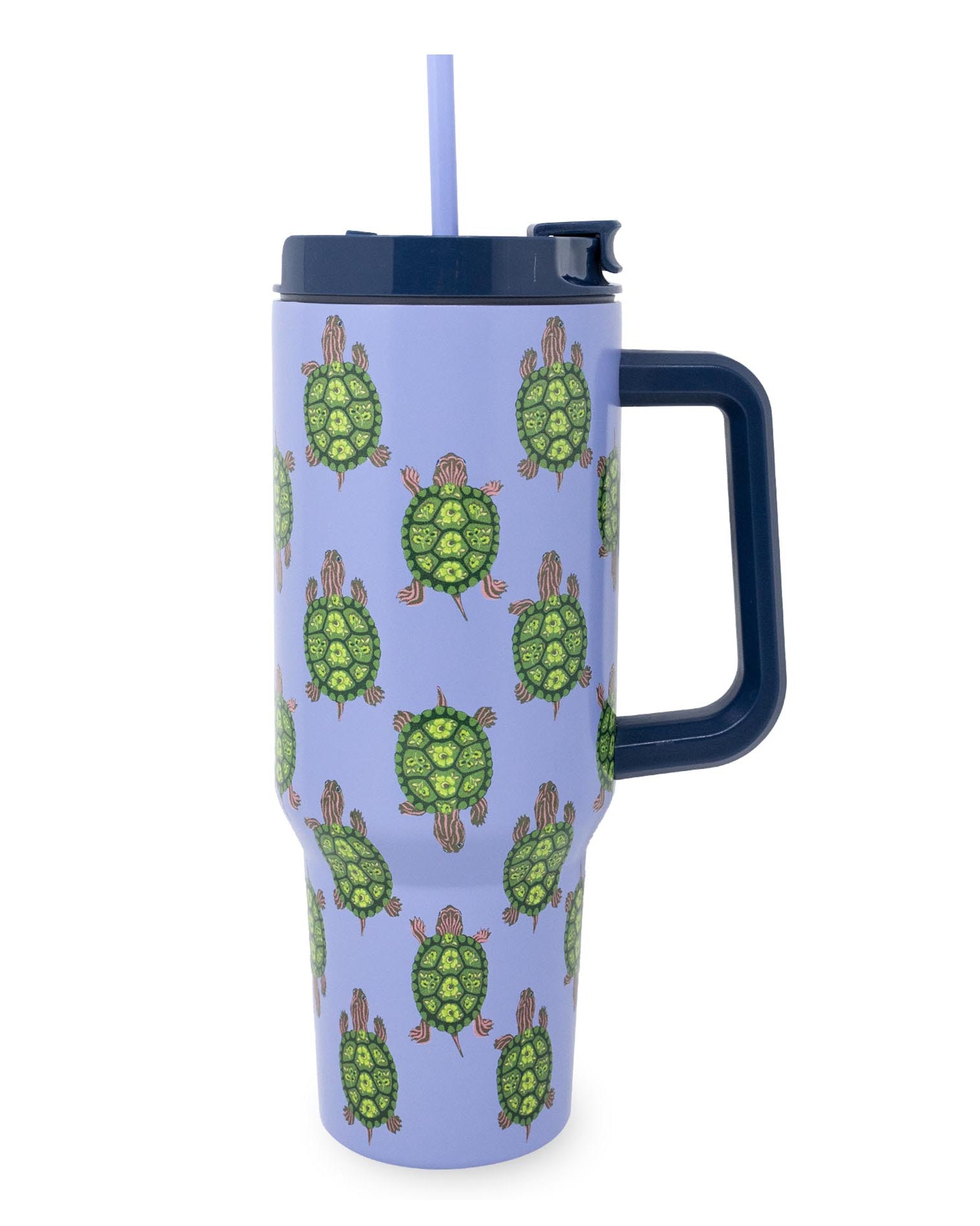 Travel mug with turtle pattern on a light blue background