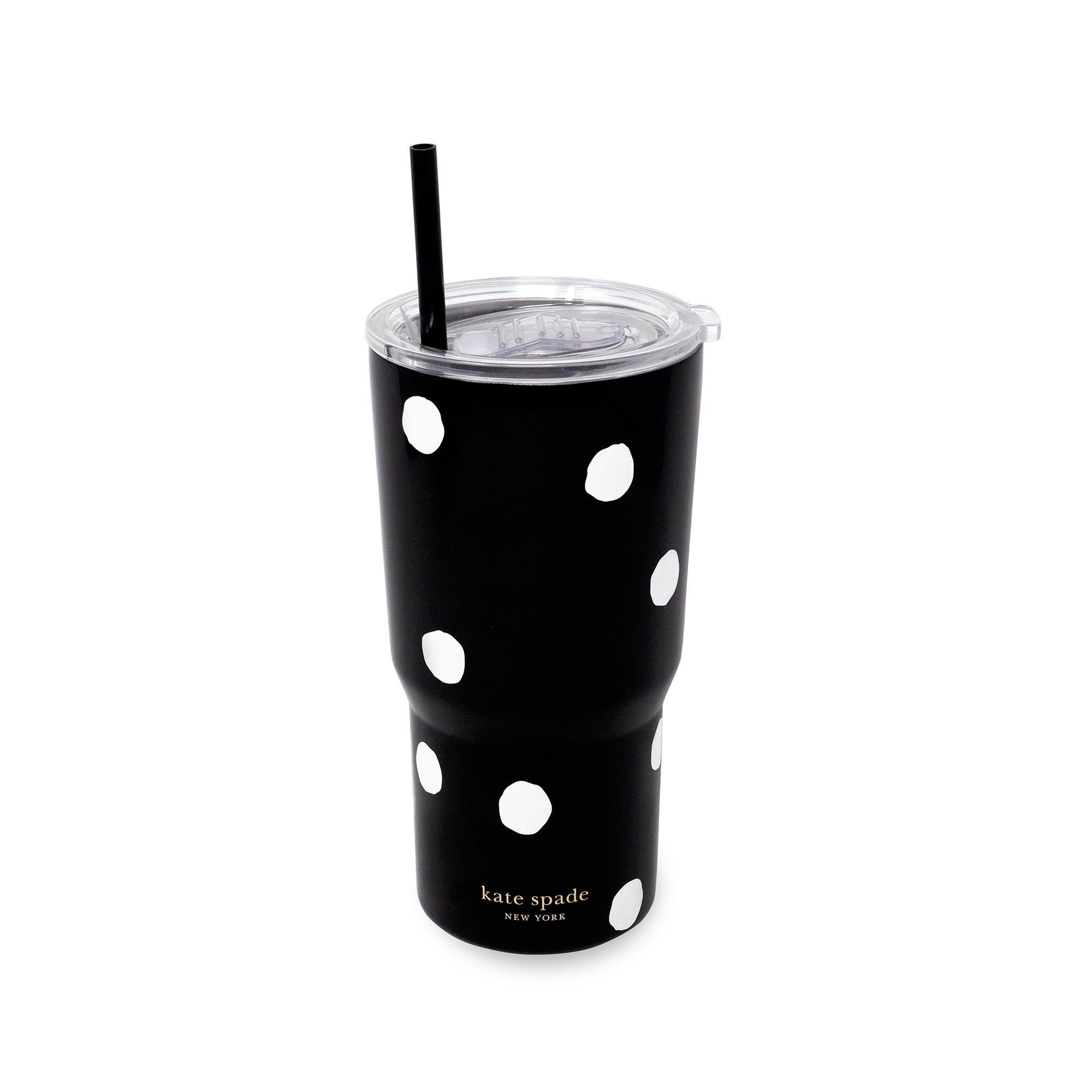 A black insulated tumbler with white polka dots, a clear lid, and a black straw. The brand name 'kate spade NEW YORK' is printed in gold near the bottom.