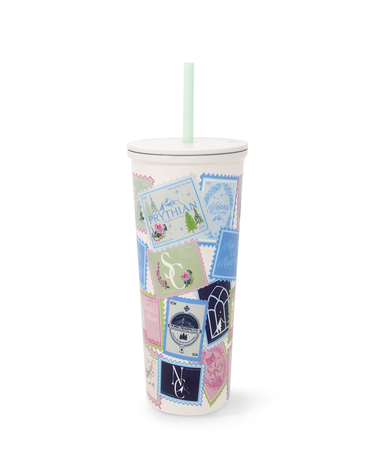 Tumbler with postage design on a white background