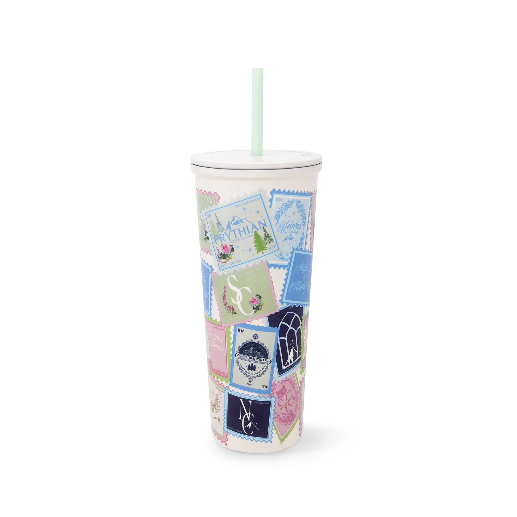 Tumbler with postage design on a white background