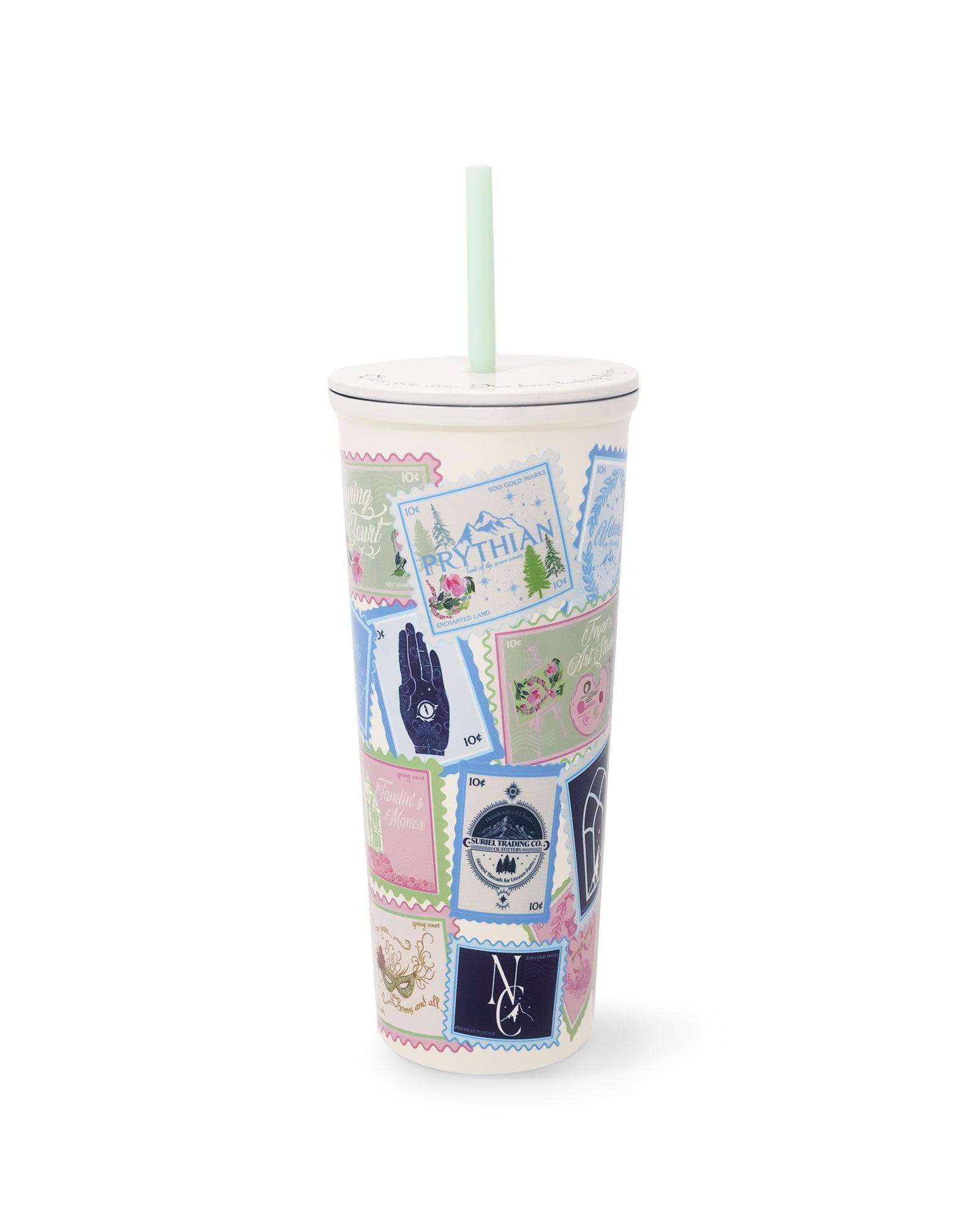 Tumbler with colorful design on a white background