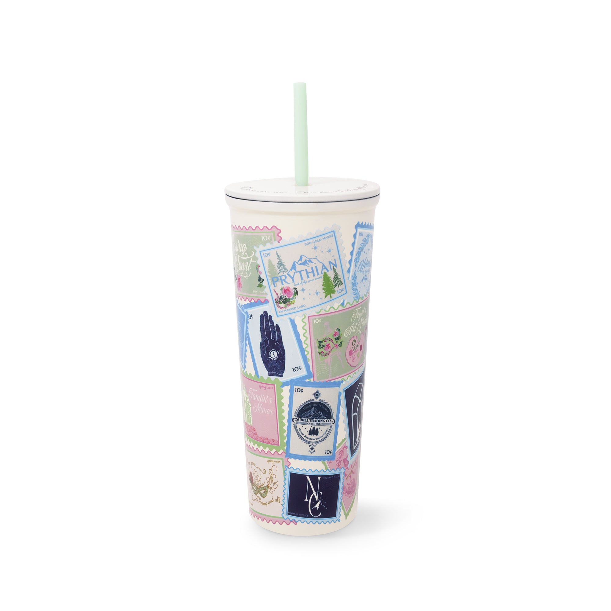 Tumbler with colorful design on a white background