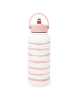 White water bottle with pink stripes and lid on a white background