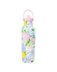 Floral-patterned water bottle with a pink cap on a white background