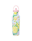 Floral-patterned water bottle with a pink cap on a white background