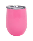 Pink insulated tumbler with silver lid on a white background