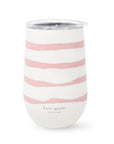 White tumbler with pink stripes and 'kate spade New York' branding on a white background