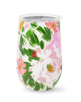 Stemless wine glass with floral design on a white background