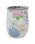Stemless wine glass with floral pattern on a white background