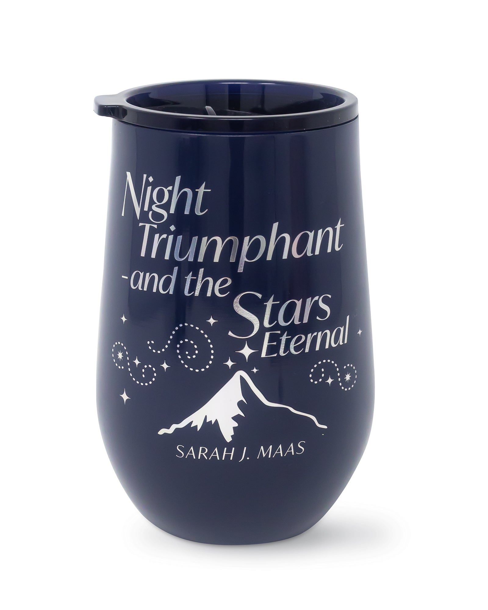 Navy blue tumbler with white text and design on a white background