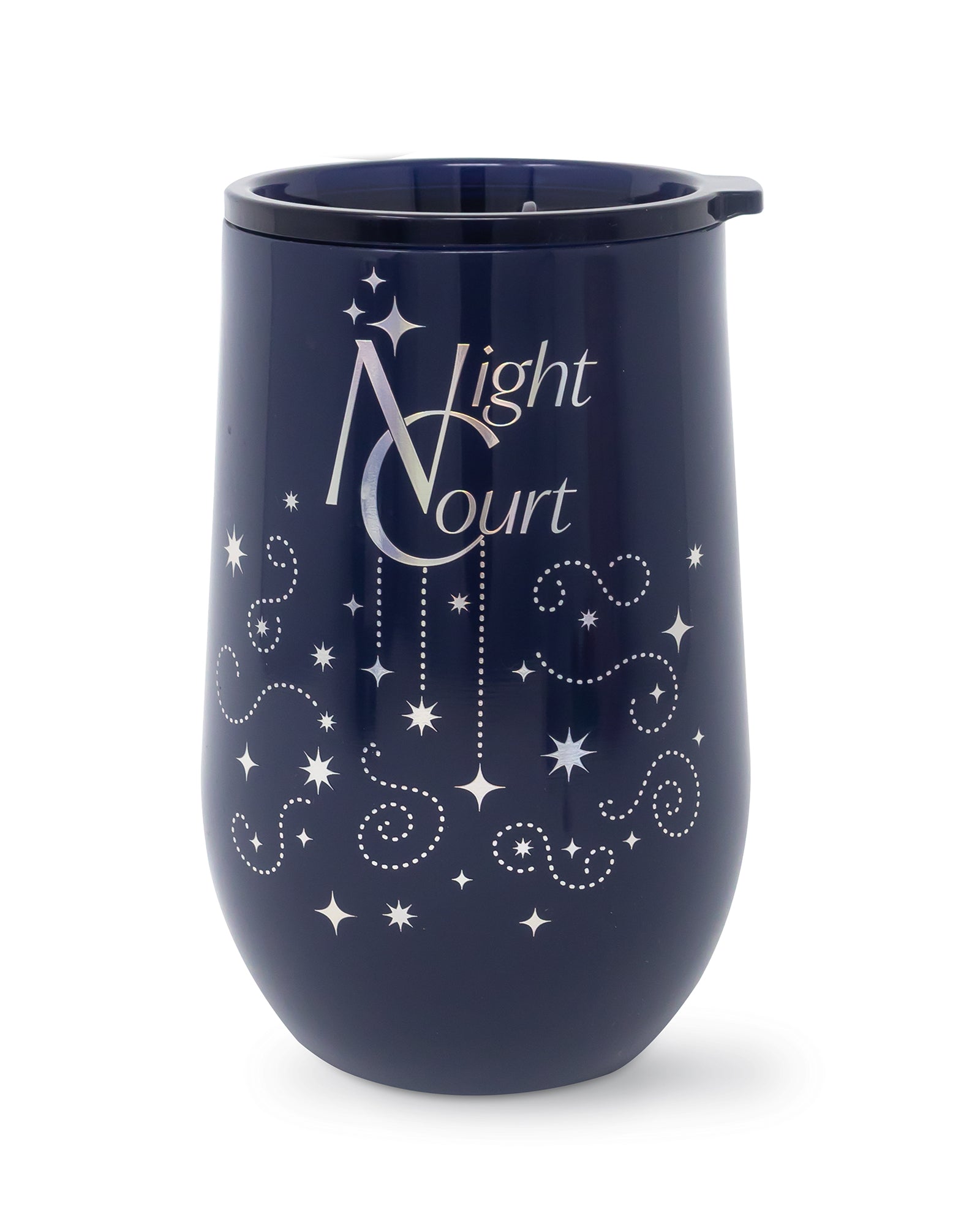 Navy blue tumbler with 'Night Court' text and star designs on a white background