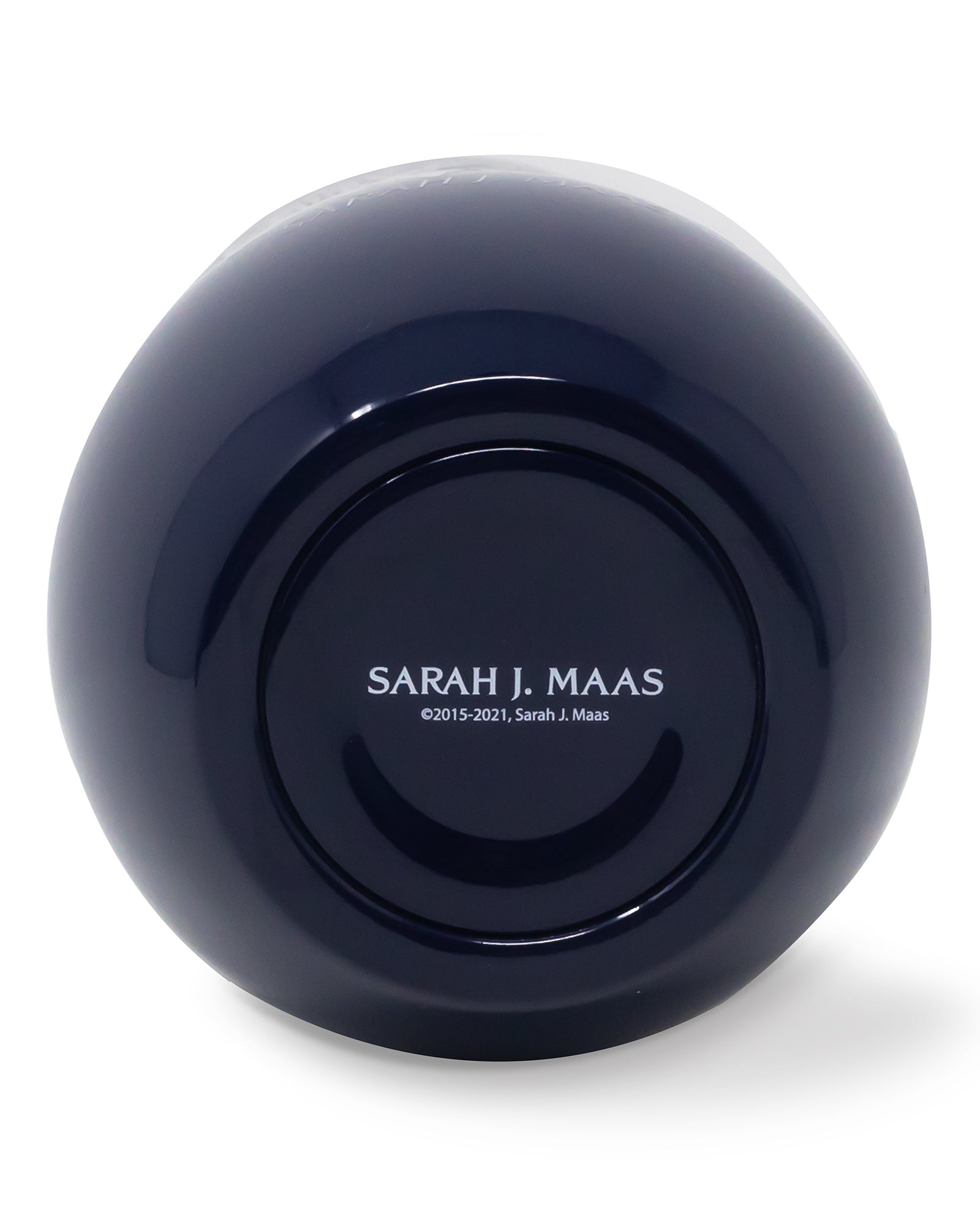 Navy blue spherical object with 'Sarah J. Maas' branding on a white background