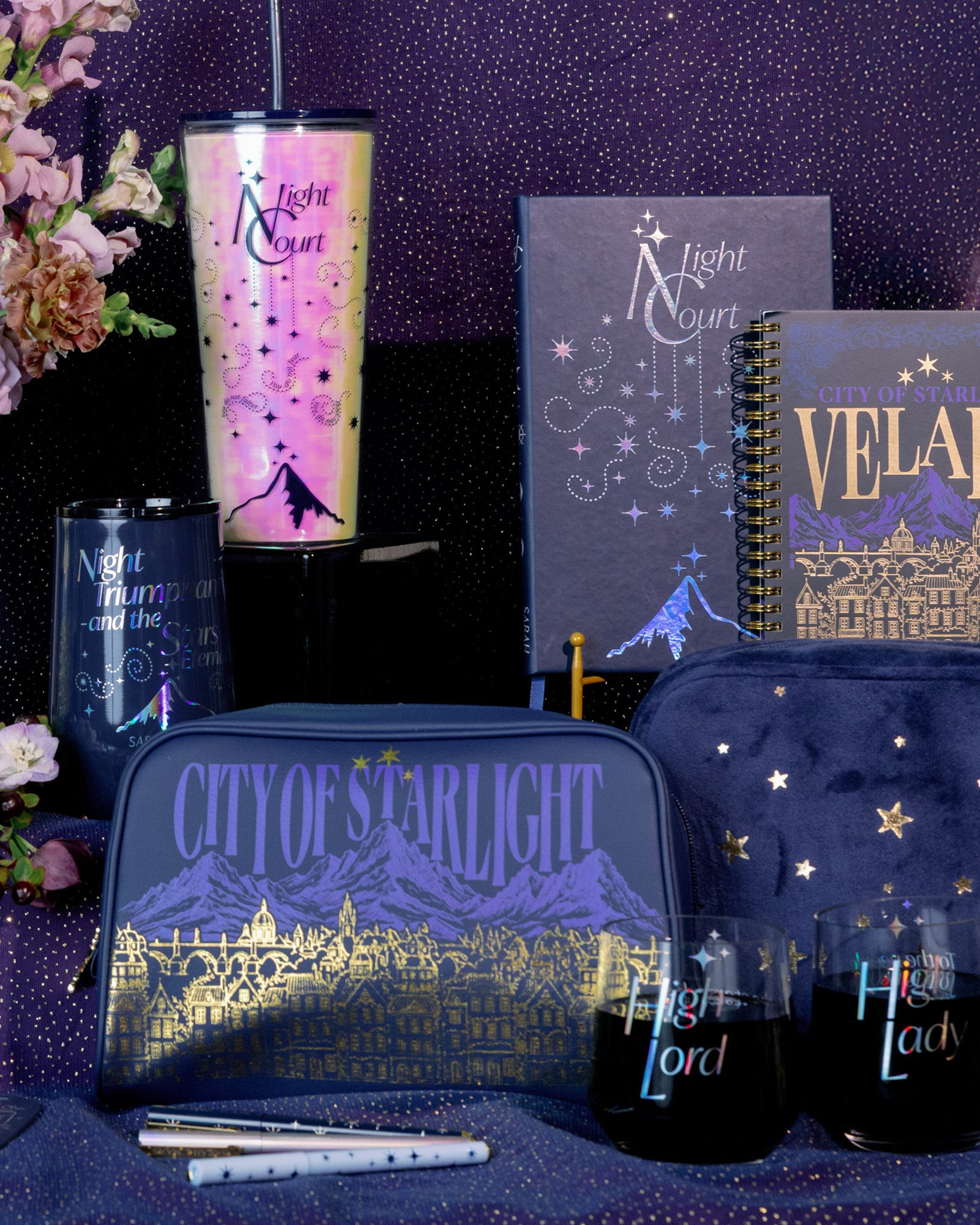 Navy blue tumbler with 'Night Court' text and star designs