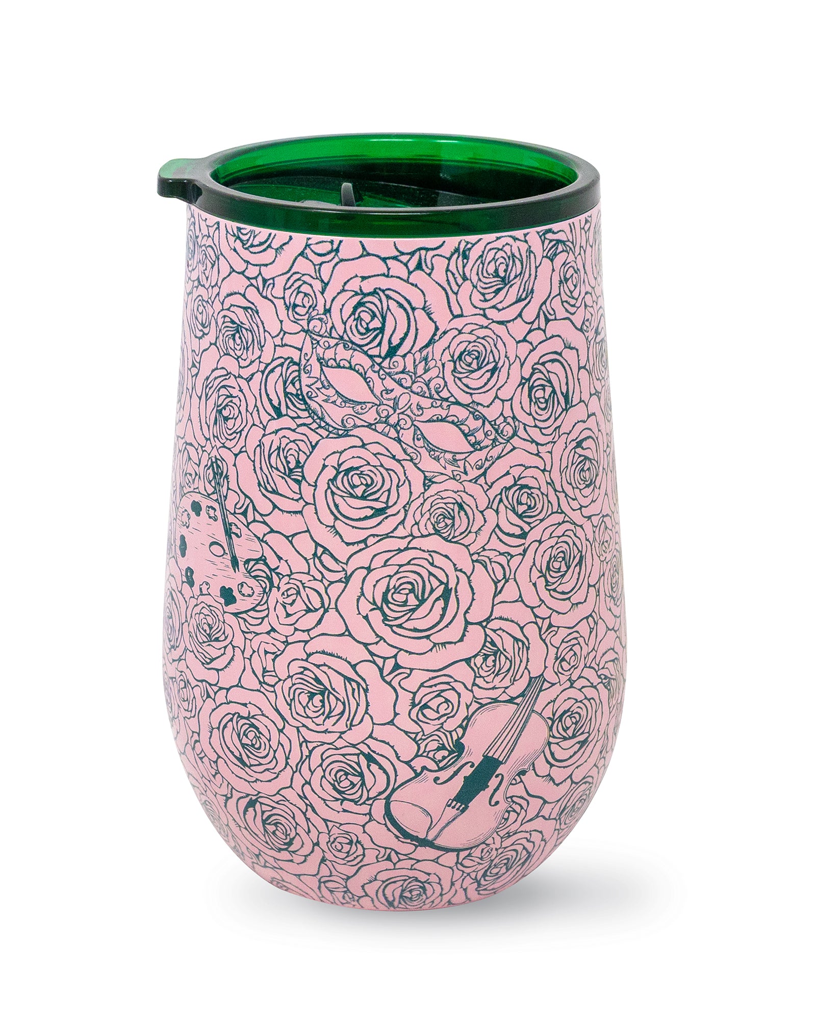 Pink tumbler with black floral and violin design on a white background