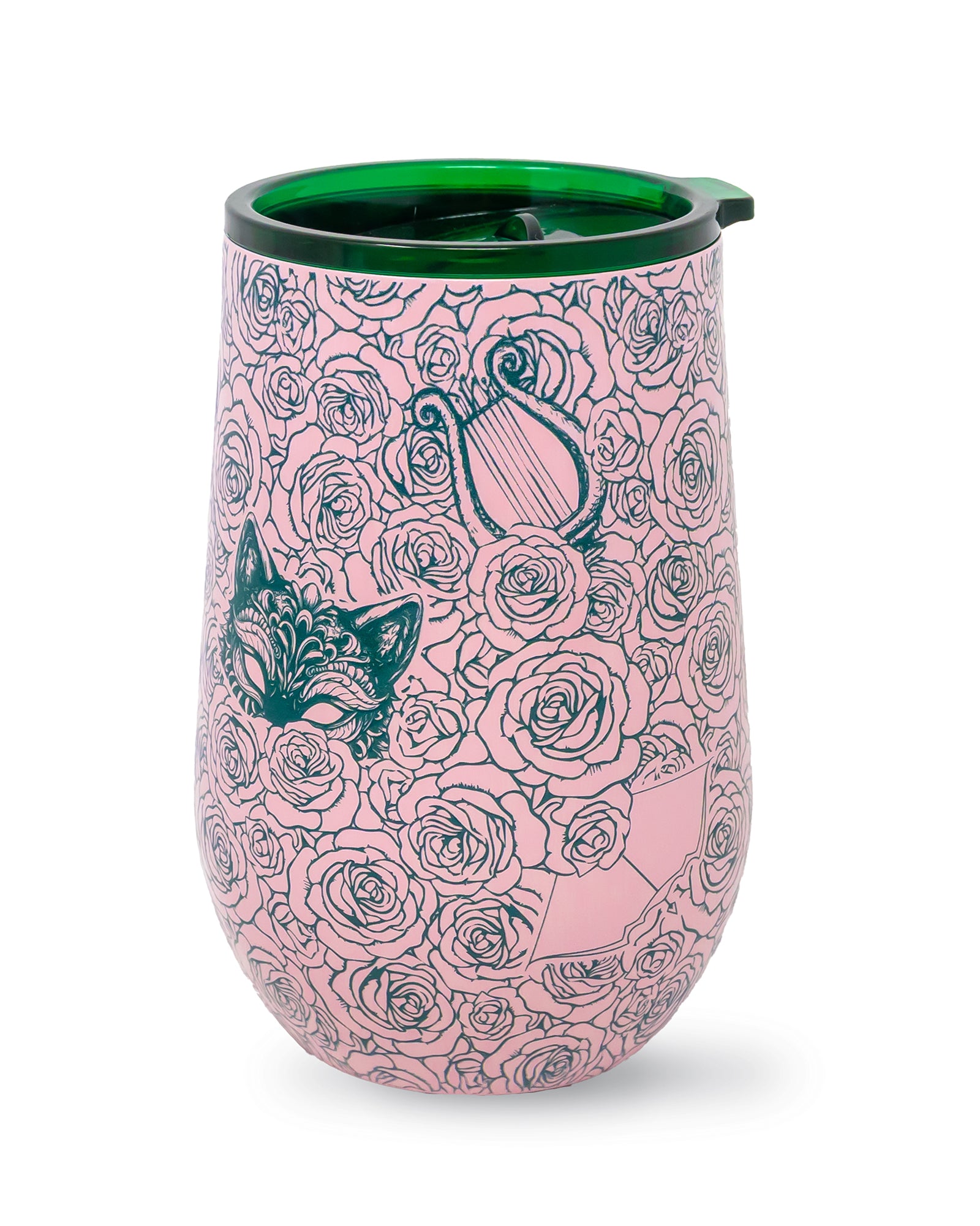 Pink tumbler with rose and butterfly design on a white background