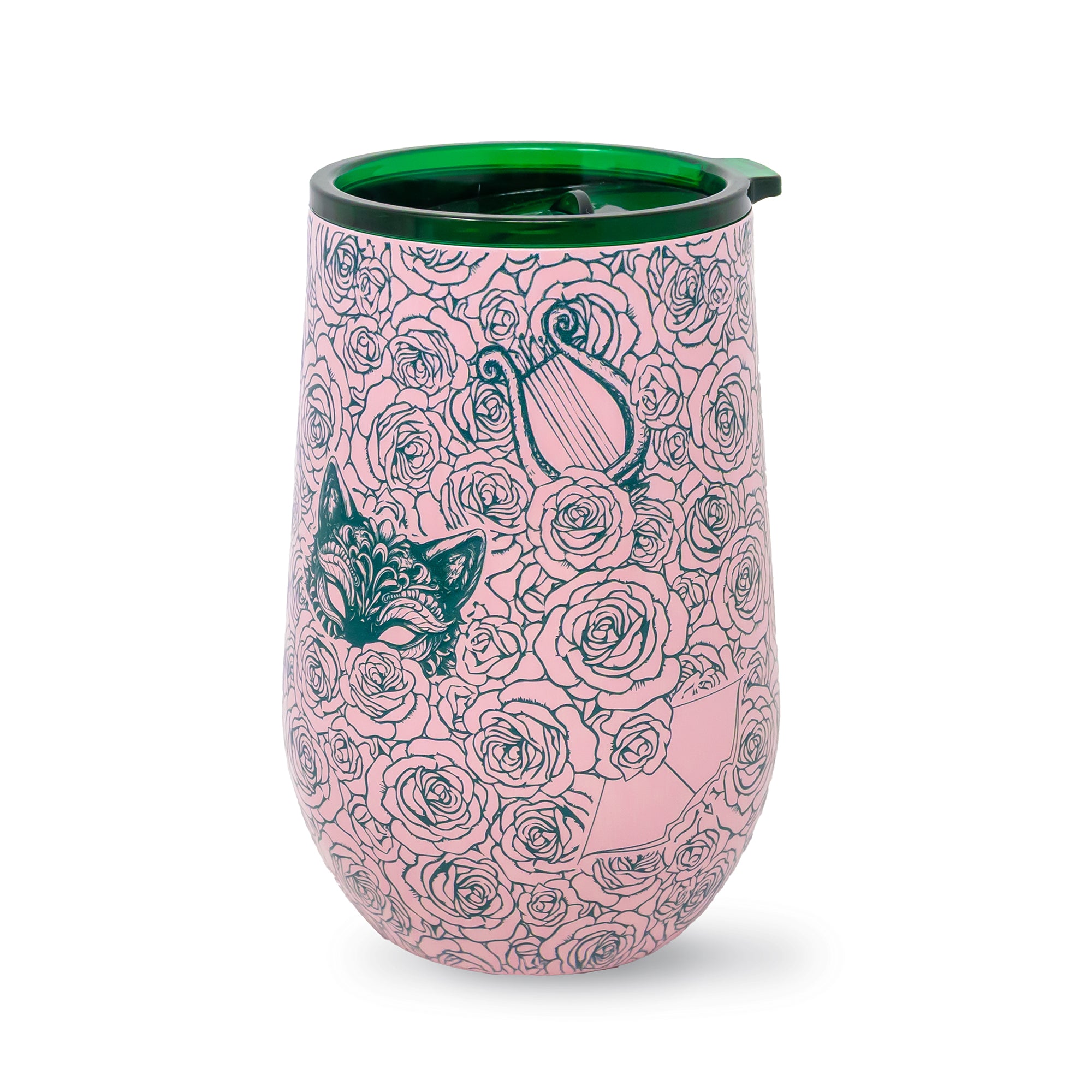 Pink tumbler with rose and butterfly design on a white background