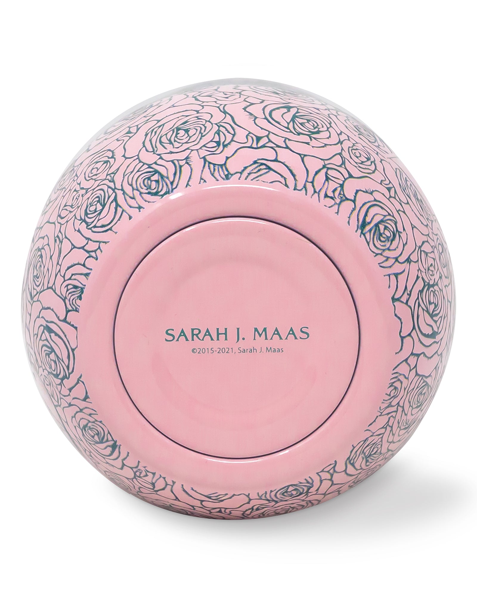 Decorative pink object with floral patterns and 'Sarah J. Maas' branding on a white background