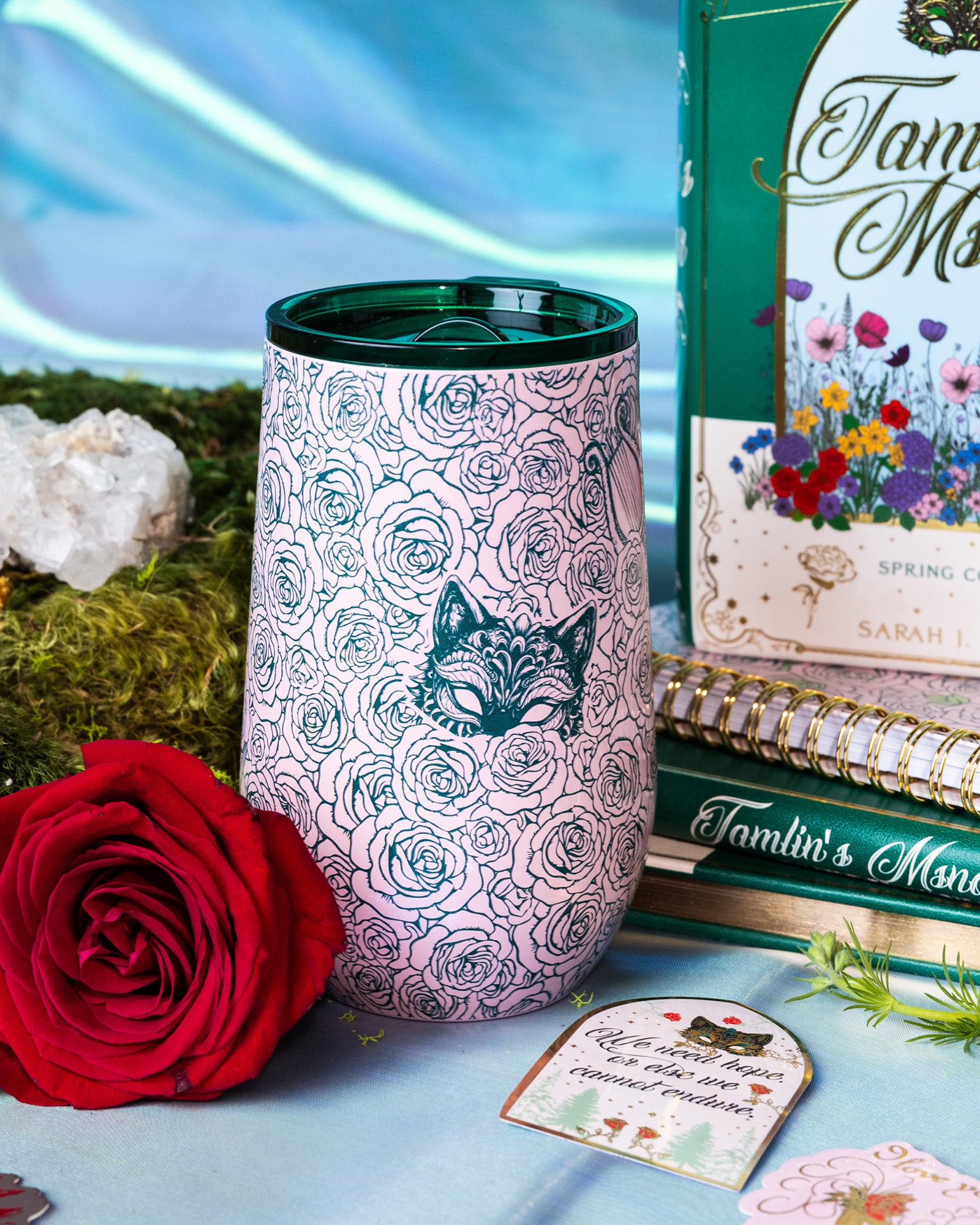 Pink tumbler with rose and butterfly design