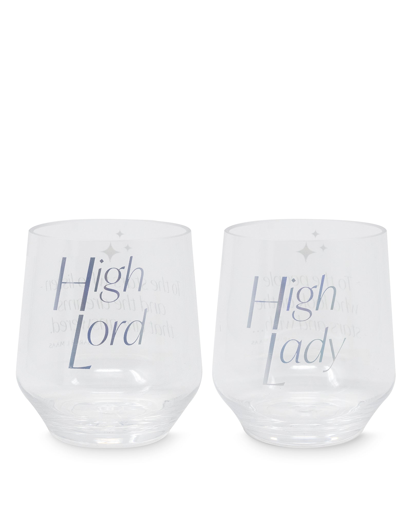 Two clear tumblers with 'High Lord' and 'High Lady' text on a white background