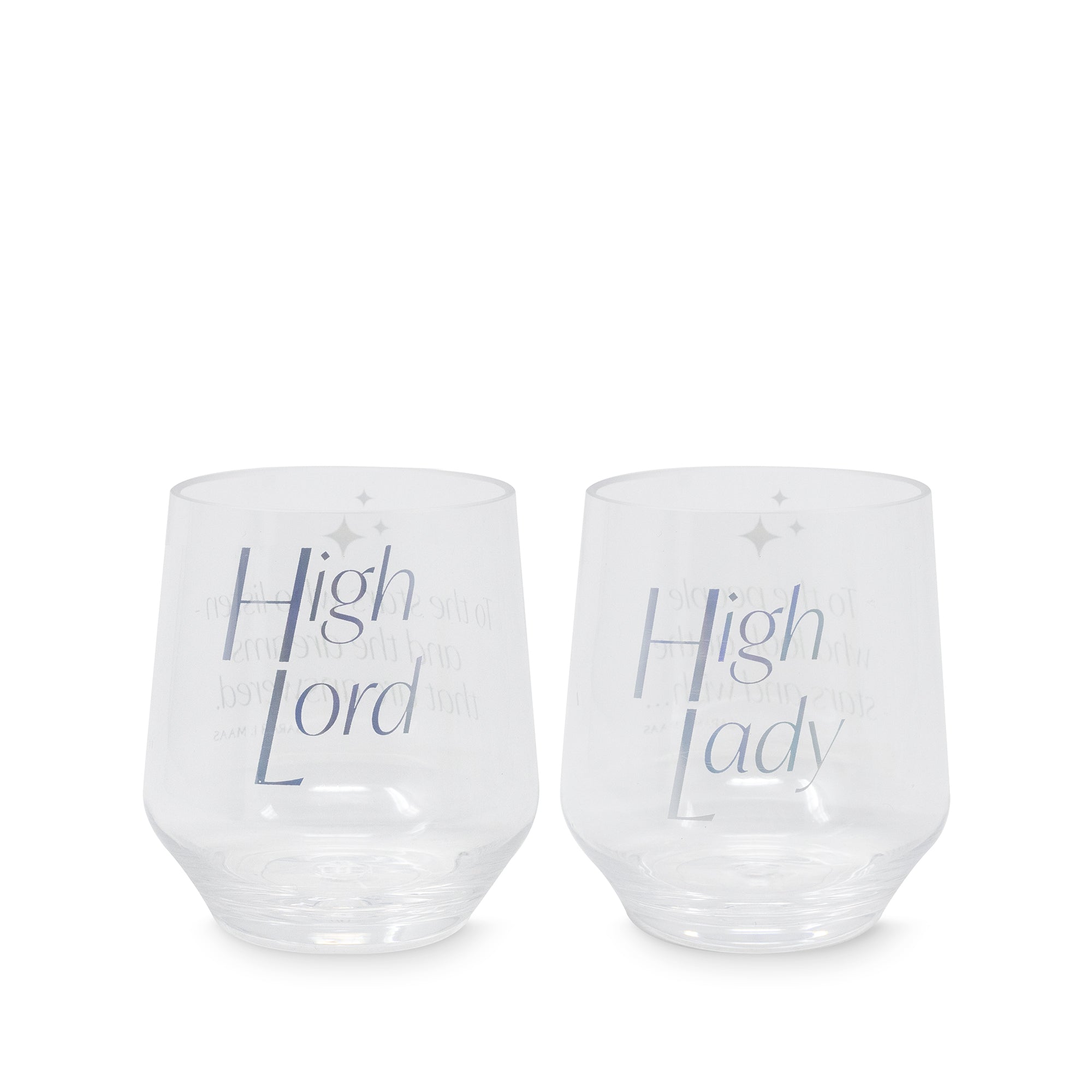 Two clear tumblers with 'High Lord' and 'High Lady' text on a white background