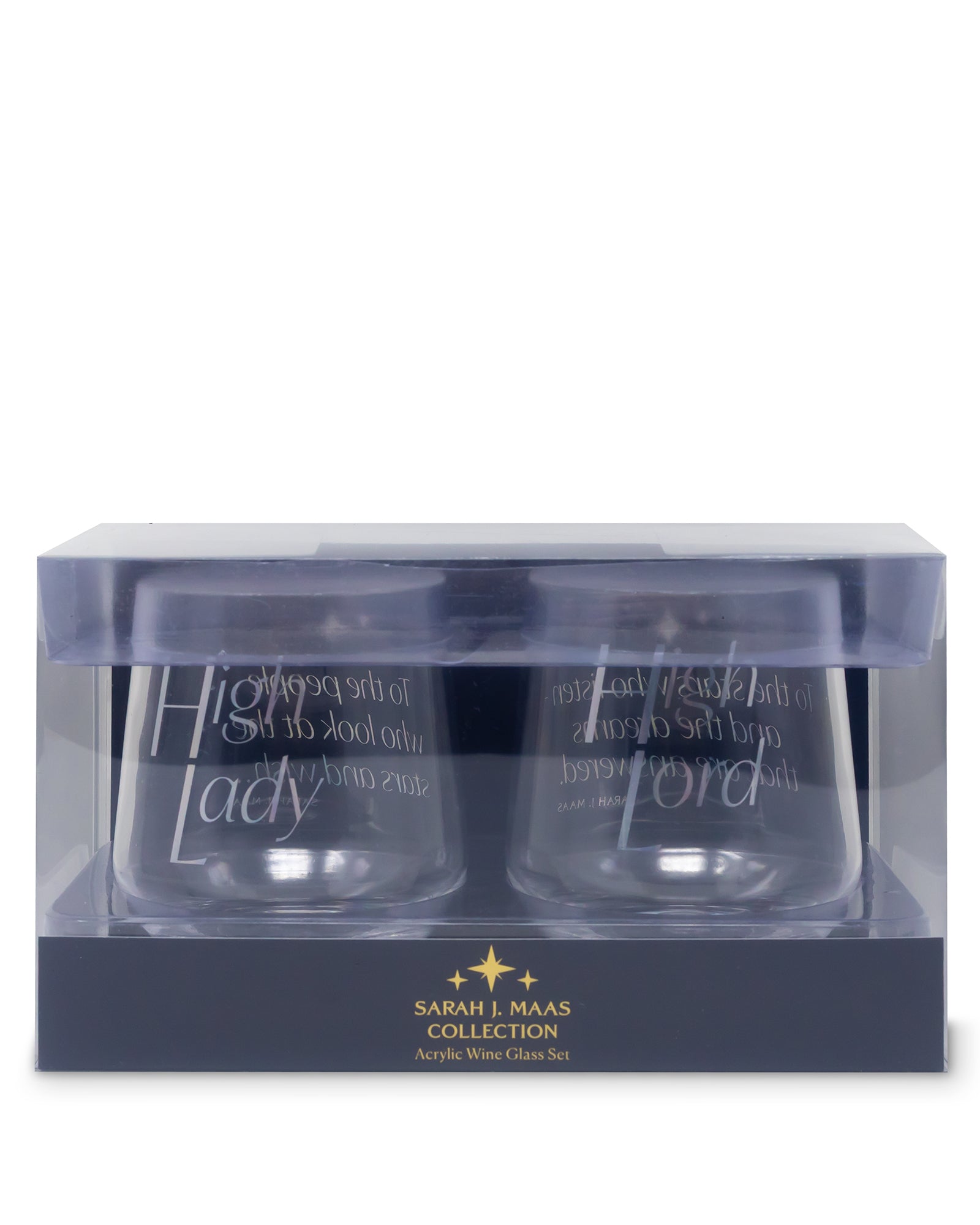 Two clear acrylic wine glasses with engraved text in a packaging box, featuring the 'Sarah J. Maas Collection' branding.