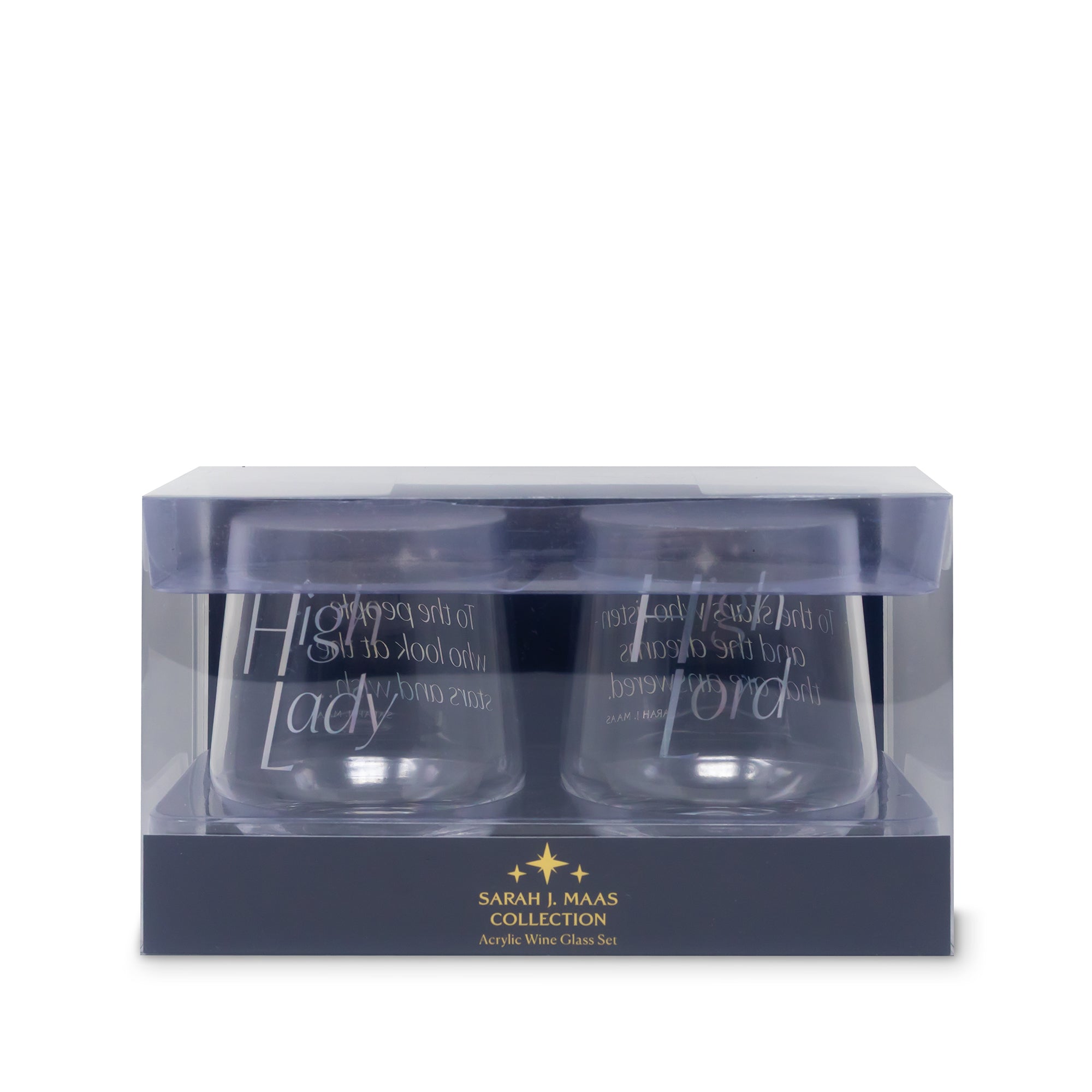 Two clear acrylic wine glasses with engraved text in a packaging box, featuring the 'Sarah J. Maas Collection' branding.