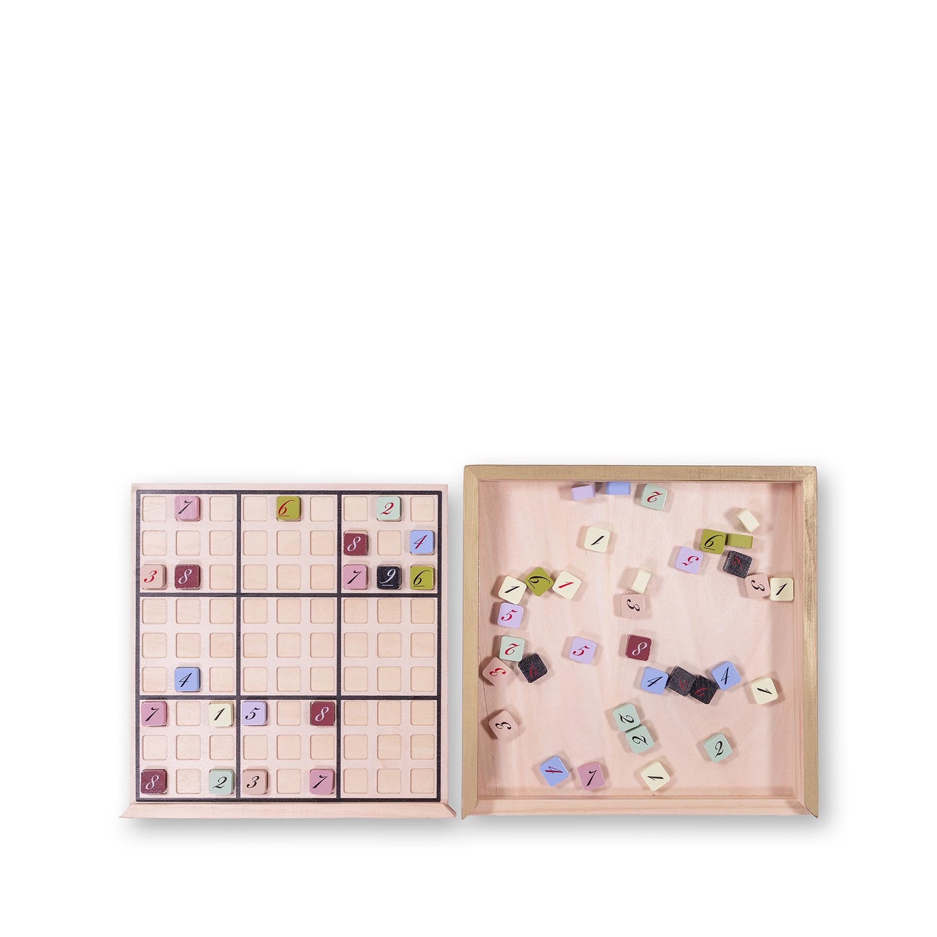 Wooden puzzle with numbered and lettered tiles on a white background