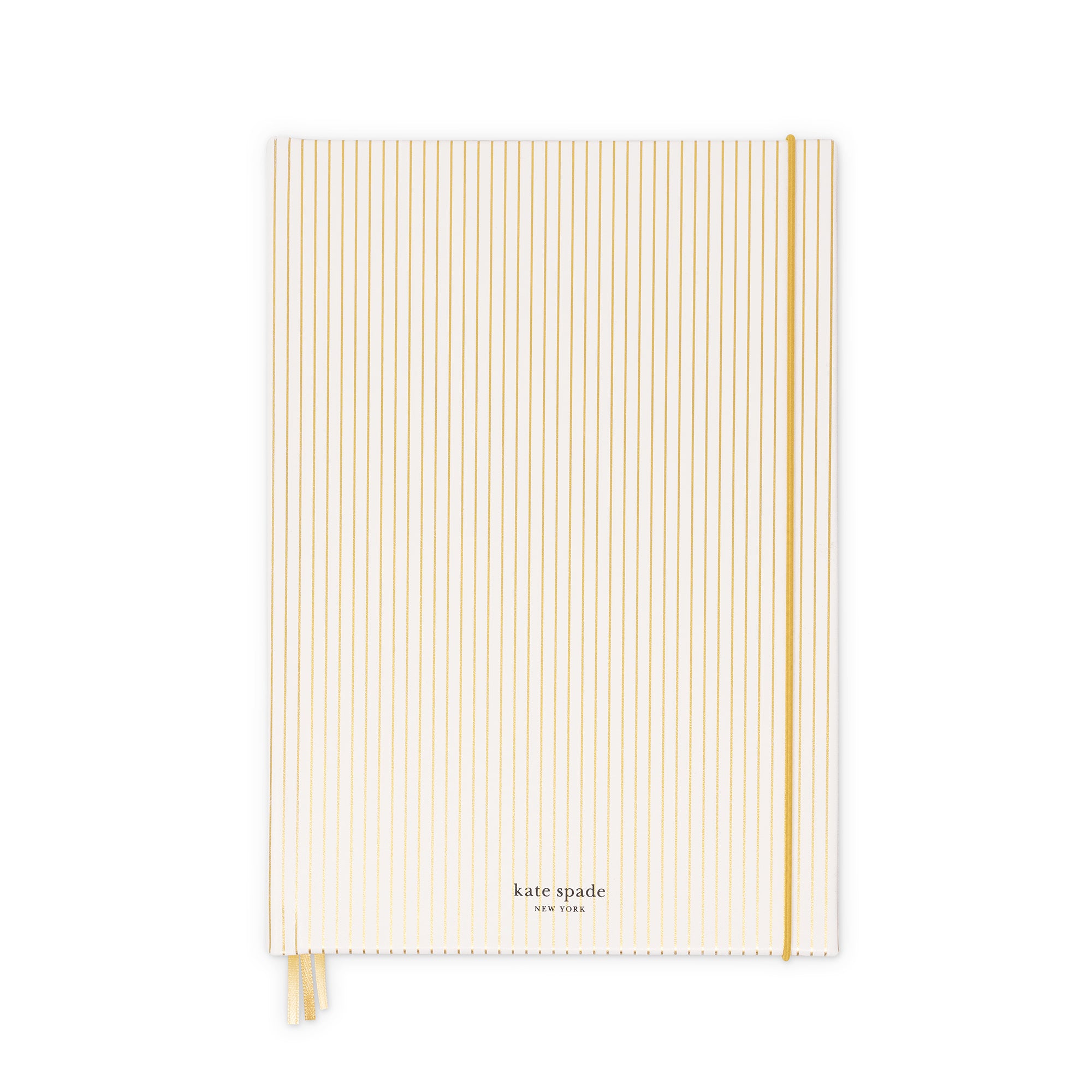 cream and metallic gold vertical stripe notebook with gold elastic closure and gold satin placeholder