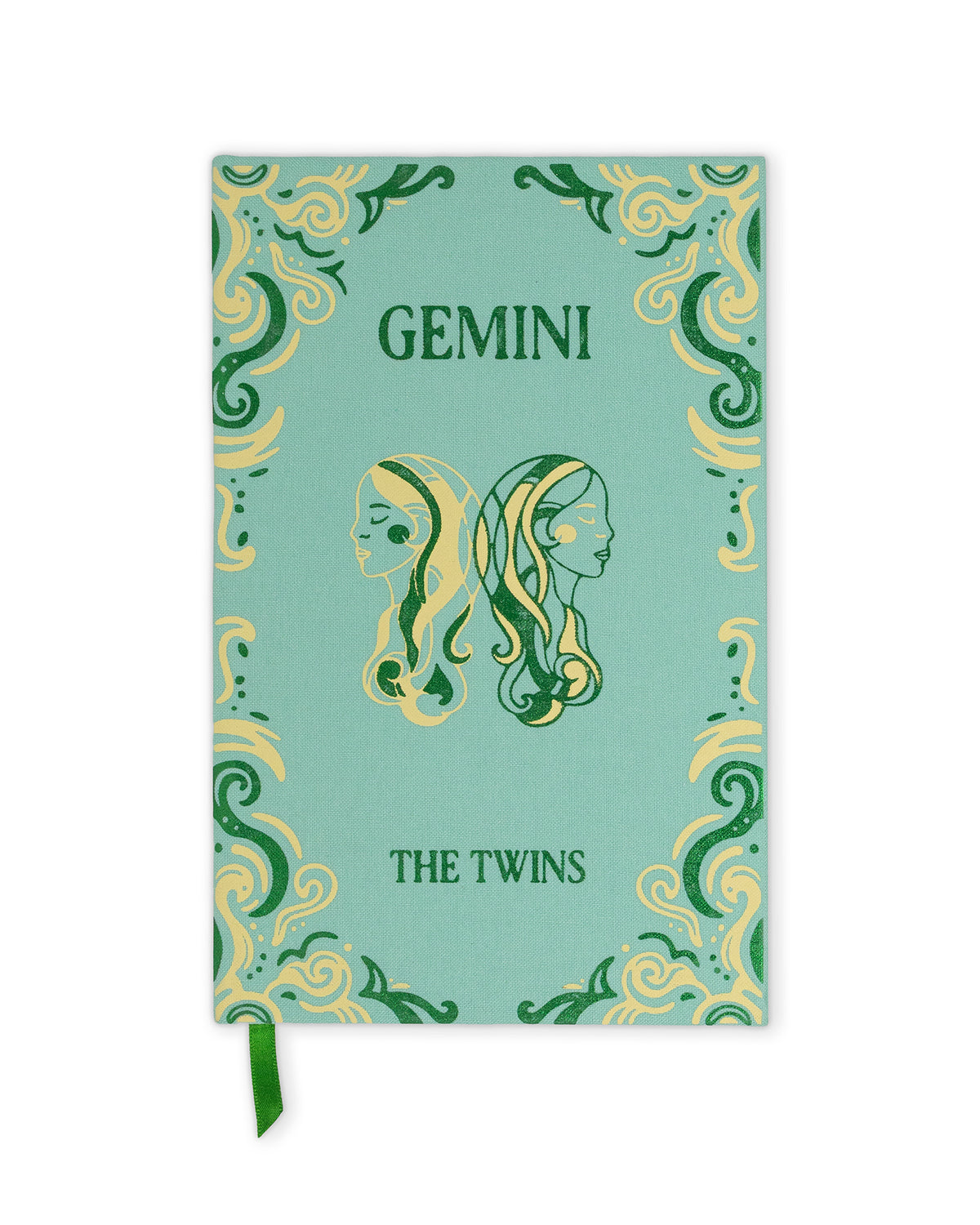 A mint green notebook or journal with a Gemini theme, featuring decorative green and gold scrollwork borders, twin illustrations, and a green ribbon bookmark.