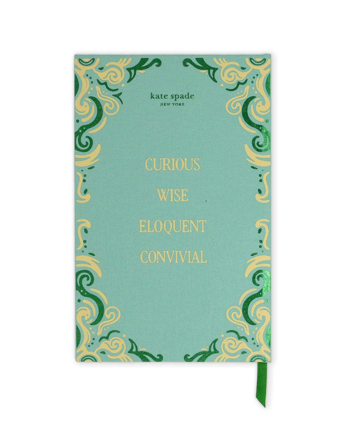 Kate Spade New York 'Curious Wise Eloquent Convivial' hardcover notebook in sage green with gold foil lettering and a green ribbon bookmark, shown on a plain white background.