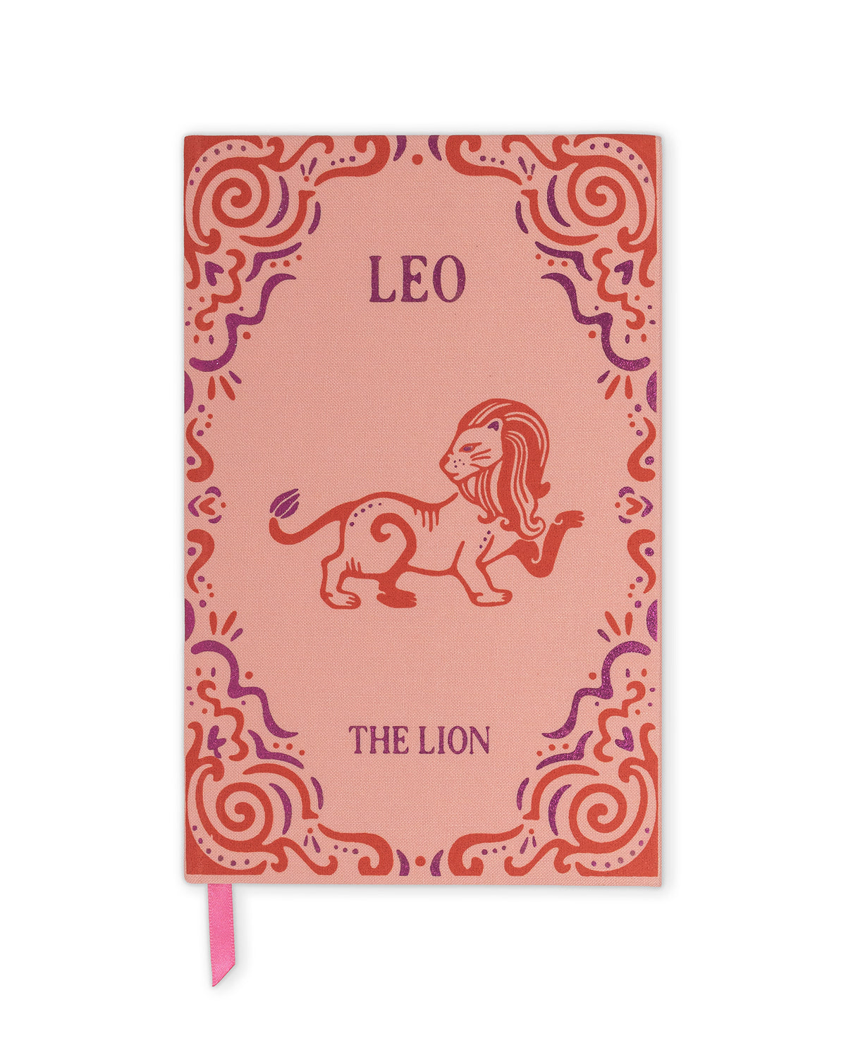 A pink zodiac-themed notebook or journal featuring a red and purple lion illustration and the text 'LEO' and 'THE LION' on the cover, with a pink ribbon bookmark hanging from the bottom.