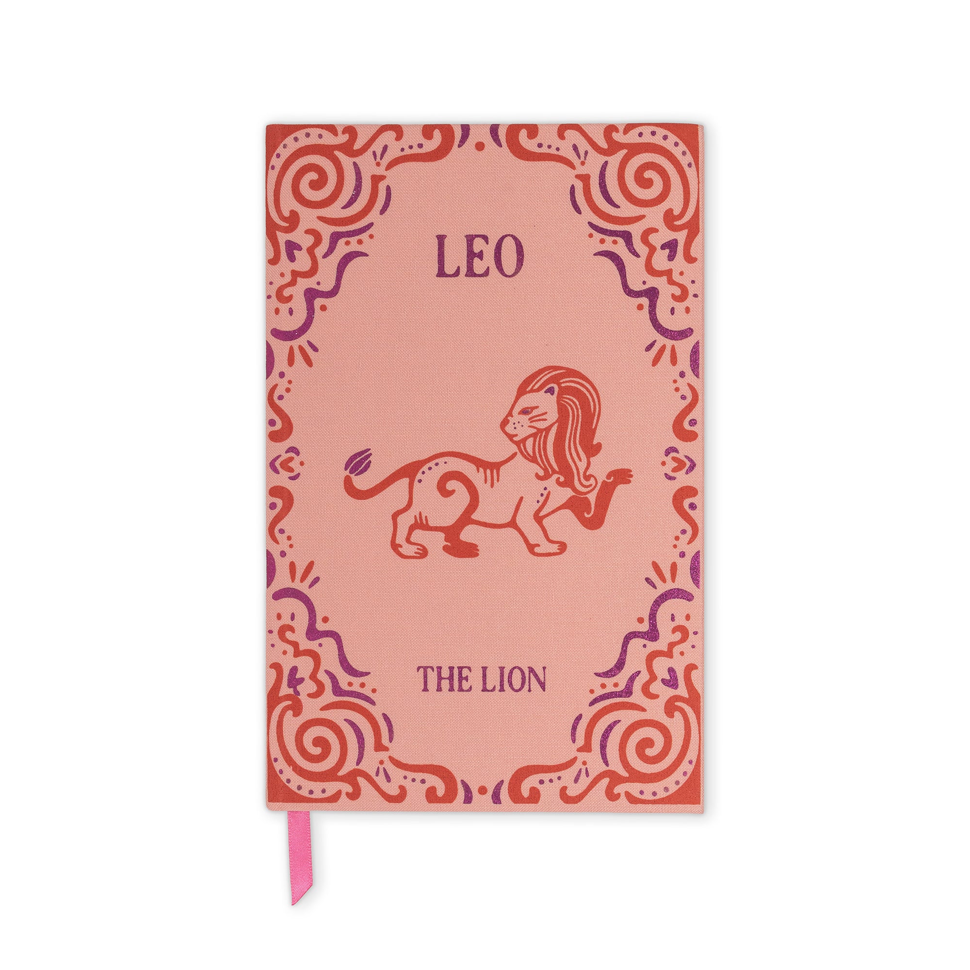 A pink zodiac-themed notebook or journal featuring a red and purple lion illustration and the text 'LEO' and 'THE LION' on the cover, with a pink ribbon bookmark hanging from the bottom.