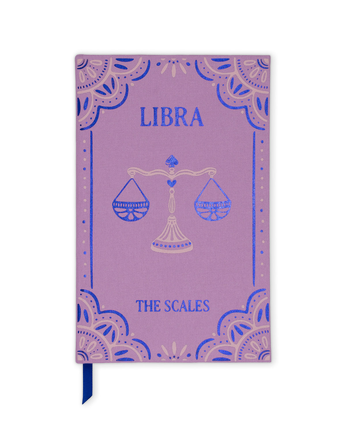 A lavender purple hardcover journal with a Libra zodiac theme, featuring a blue and gold scale of justice illustration and a blue ribbon bookmark.