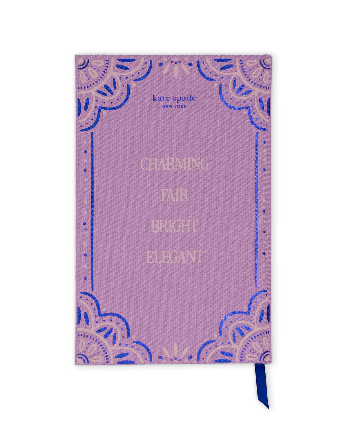 A Kate Spade New York notebook with a lavender purple cover, featuring blue ornate lace-like corner patterns and gold foil text that reads 'CHARMING FAIR BRIGHT ELEGANT.' A dark blue ribbon bookmark hangs from the bottom right corner.
