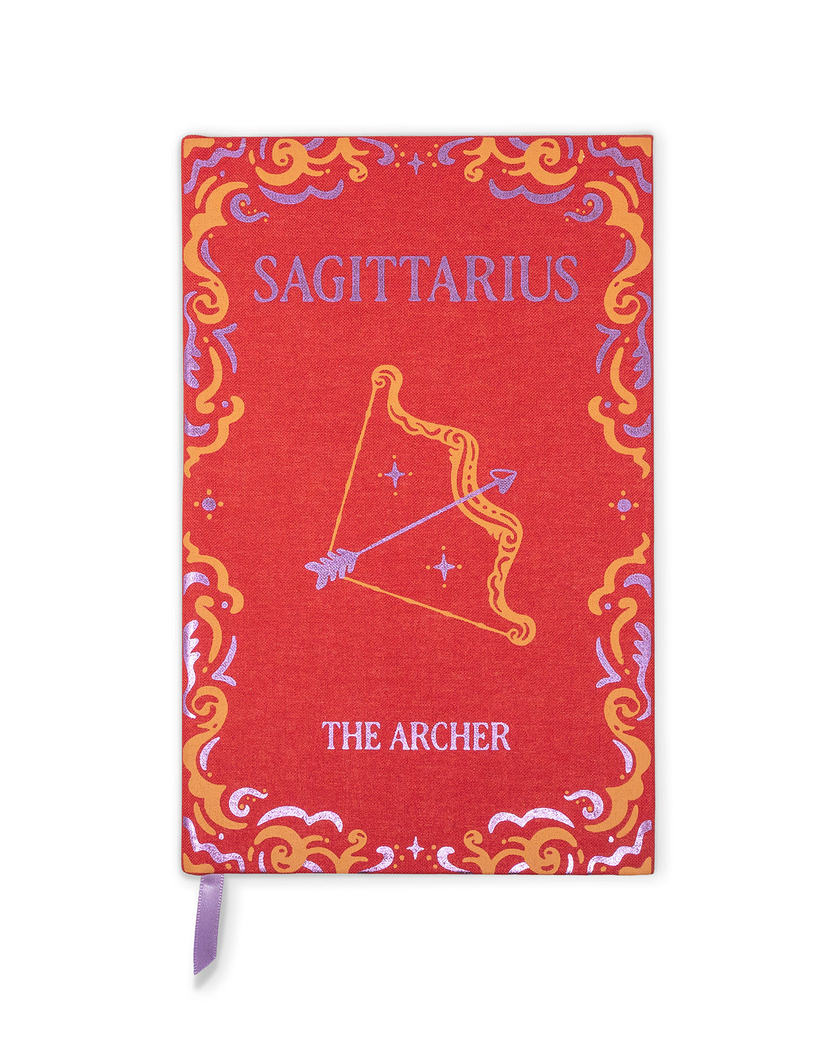 A red fabric-covered notebook or journal featuring the Sagittarius zodiac design, with a purple ribbon bookmark hanging from the bottom edge. The cover has a decorative border and shows the text 'SAGITTARIUS' and 'THE ARCHER'.