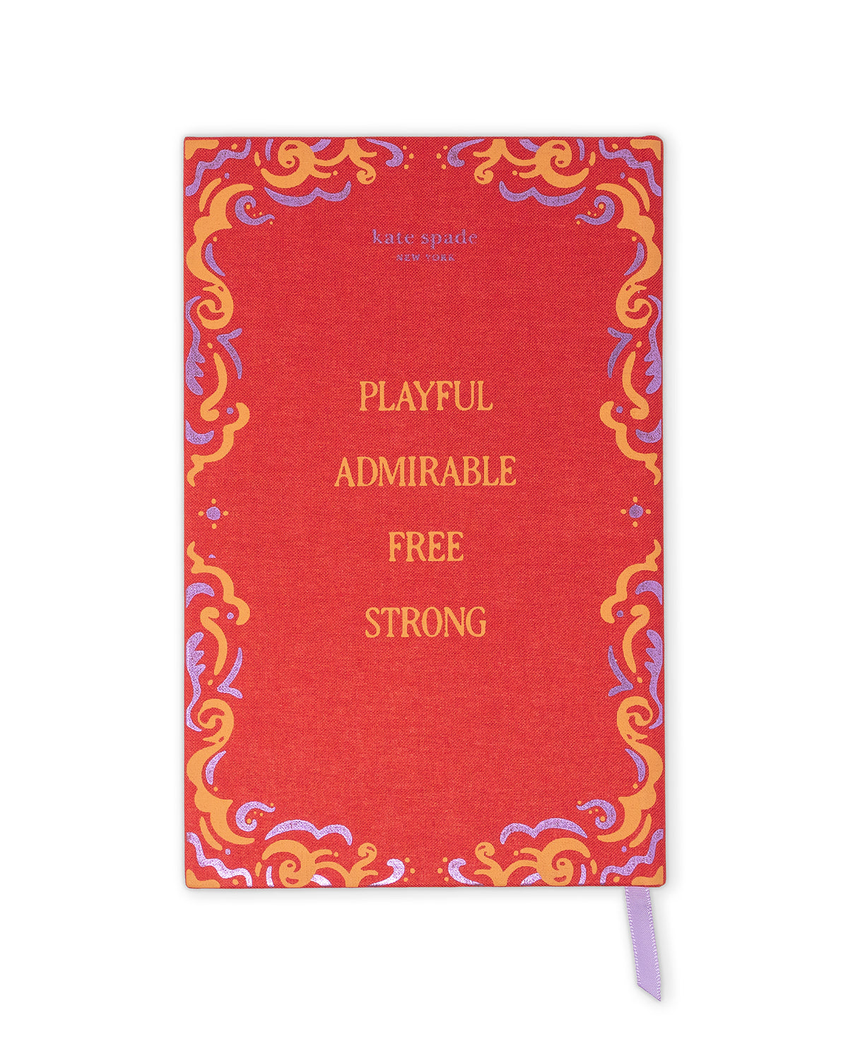Kate Spade New York 'Playful Admirable Free Strong' notebook with a textured red cover, ornate gold, purple, and orange scrollwork border, and a lavender ribbon bookmark, shown on a white background.
