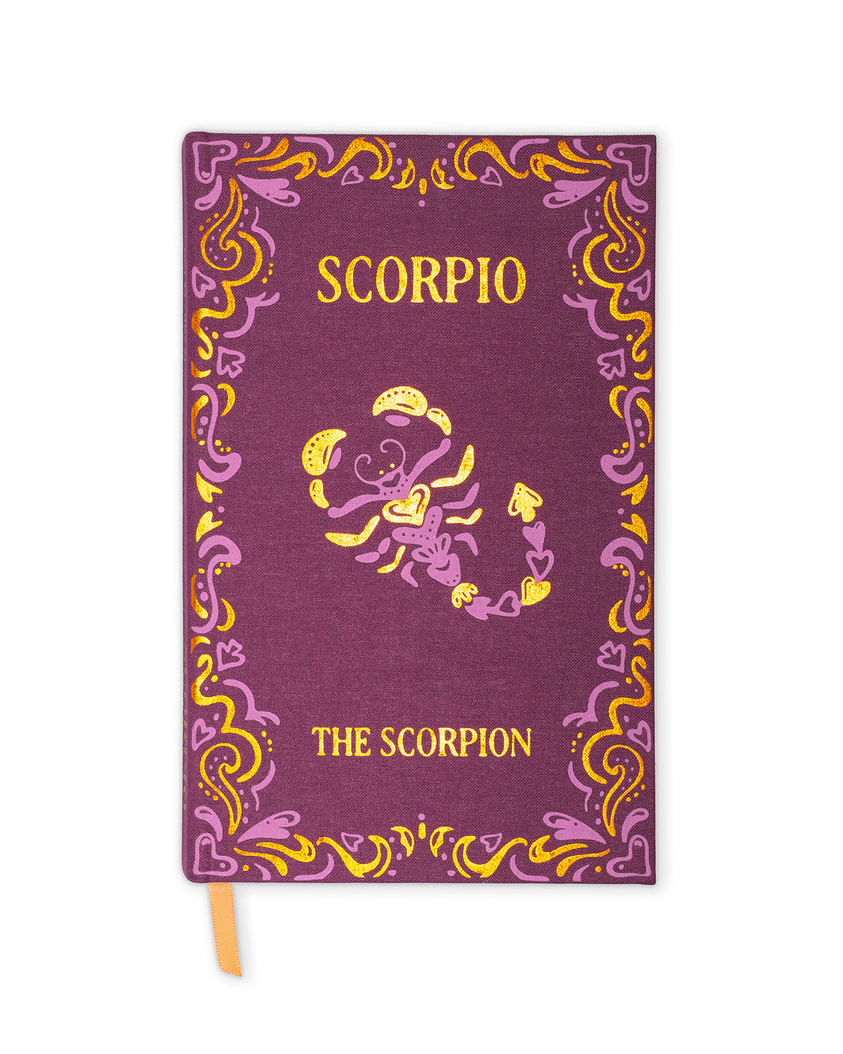 A hardcover notebook or journal with a purple cover featuring a gold and purple ornate border, the word 'SCORPIO' at the top, a central scorpion illustration, and 'THE SCORPION' at the bottom. A small peach bookmark ribbon is visible at the bottom edge, set against a plain white background.