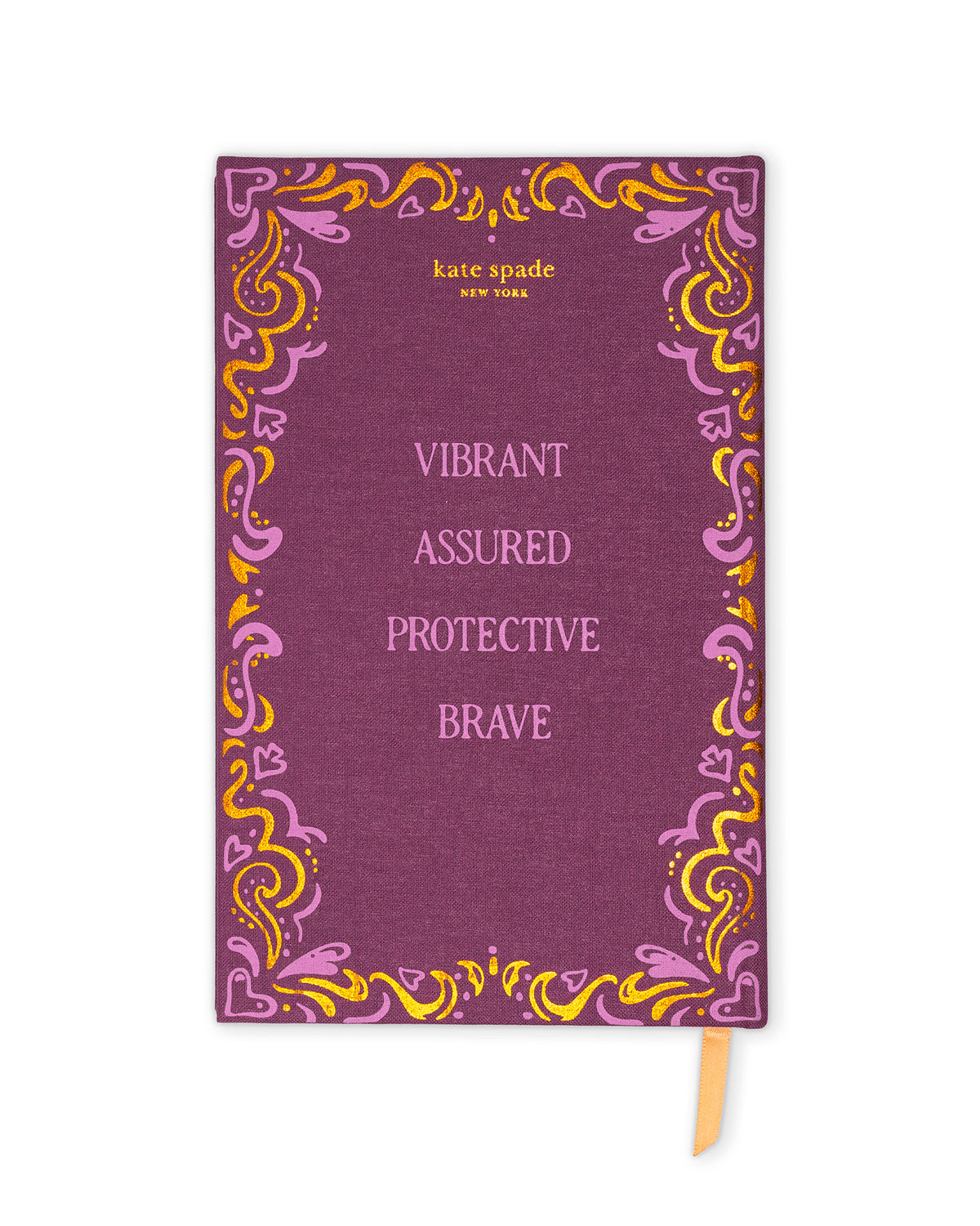 Kate Spade New York notebook with a textured purple cover, featuring a decorative border in pink and yellow, and the text 'Vibrant Assured Protective Brave' on the front cover, shown on a white background.
