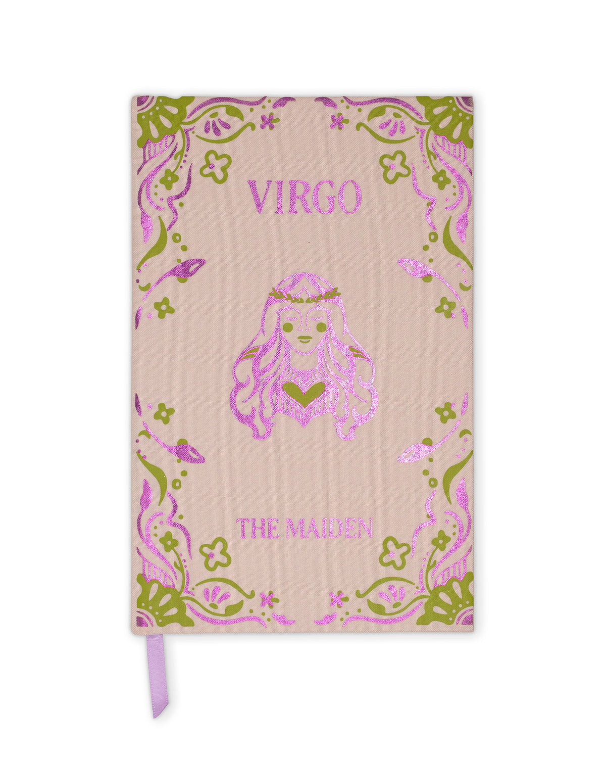 A pink notebook with a decorative foil border and a central glittery Virgo illustration. The cover features the text 'VIRGO' at the top and 'THE MAIDEN' at the bottom, with a lavender ribbon bookmark hanging from the bottom edge.