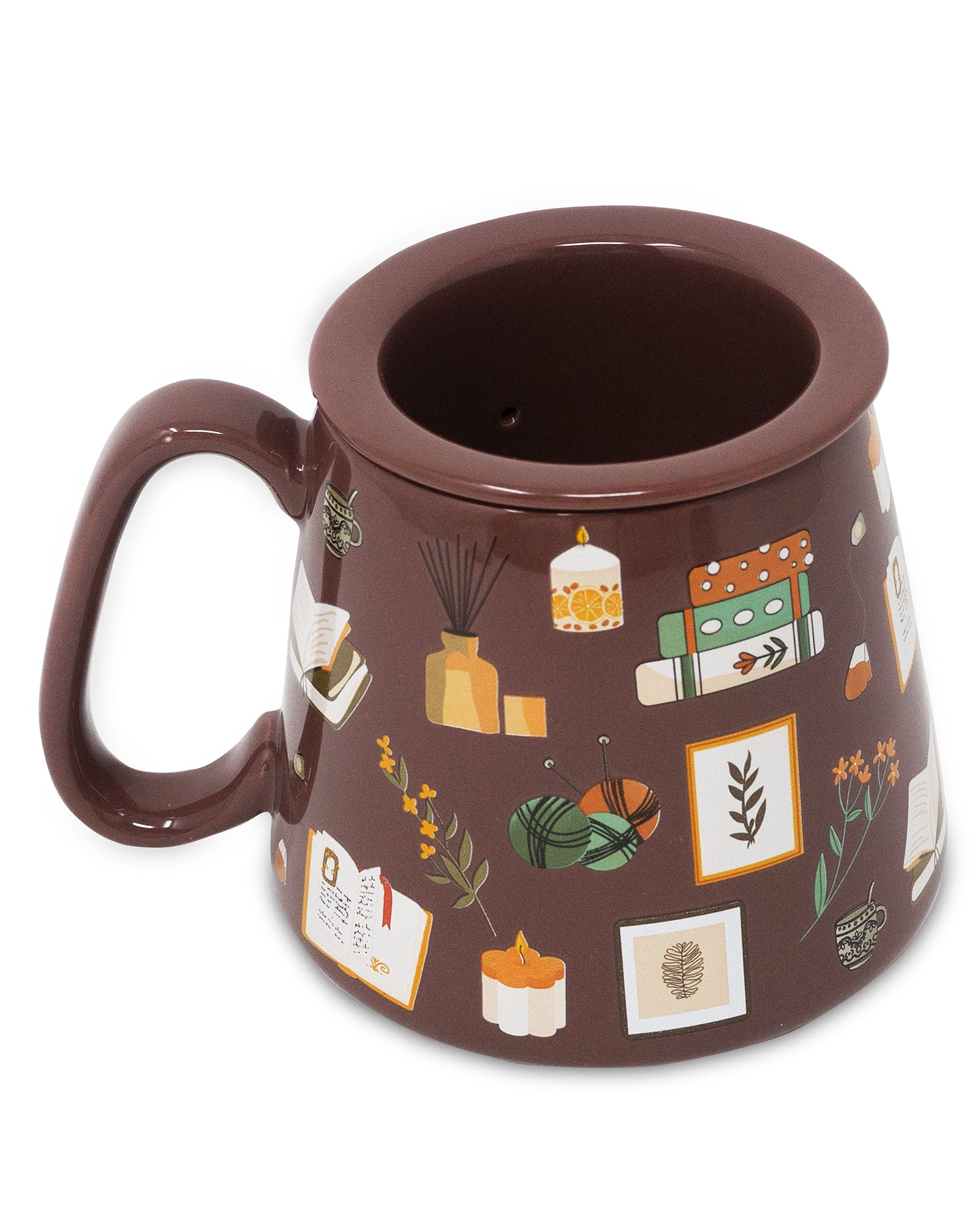 Brown mug with decorative patterns on a white background