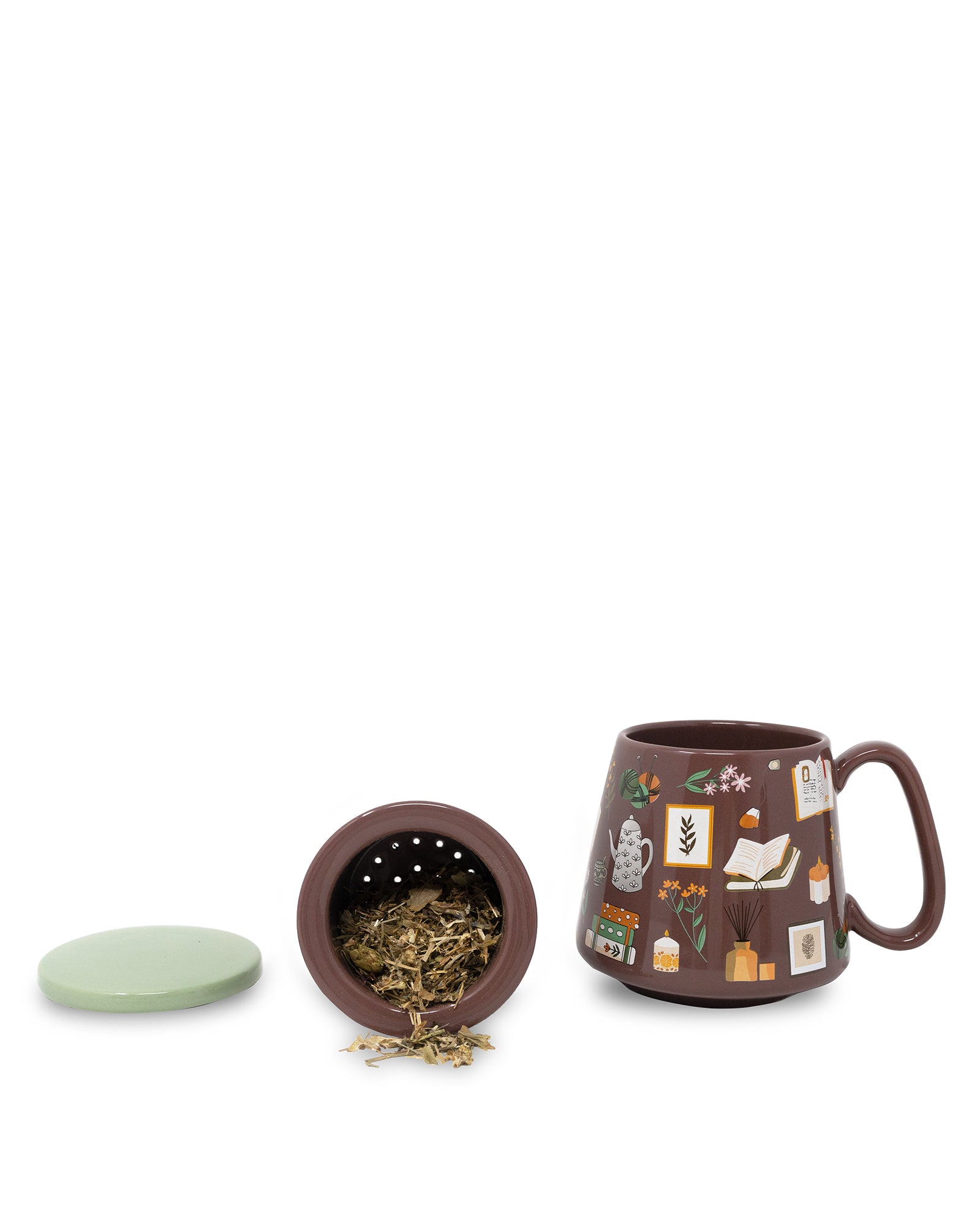 Tea mug with infuser and decorative elements on a white background