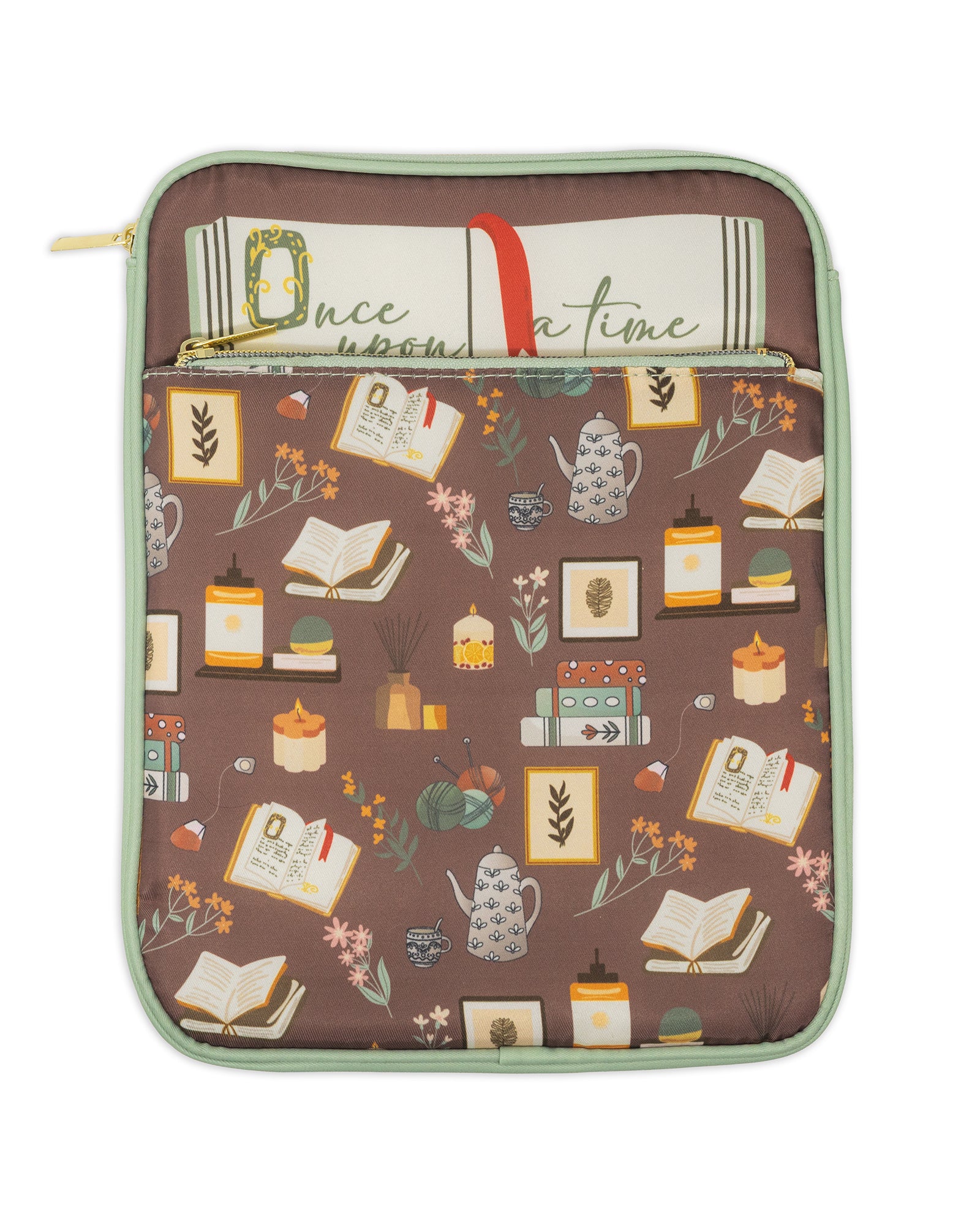 brown book sleeve with colorful cozy book nook icons