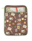 brown book sleeve with colorful cozy book nook icons