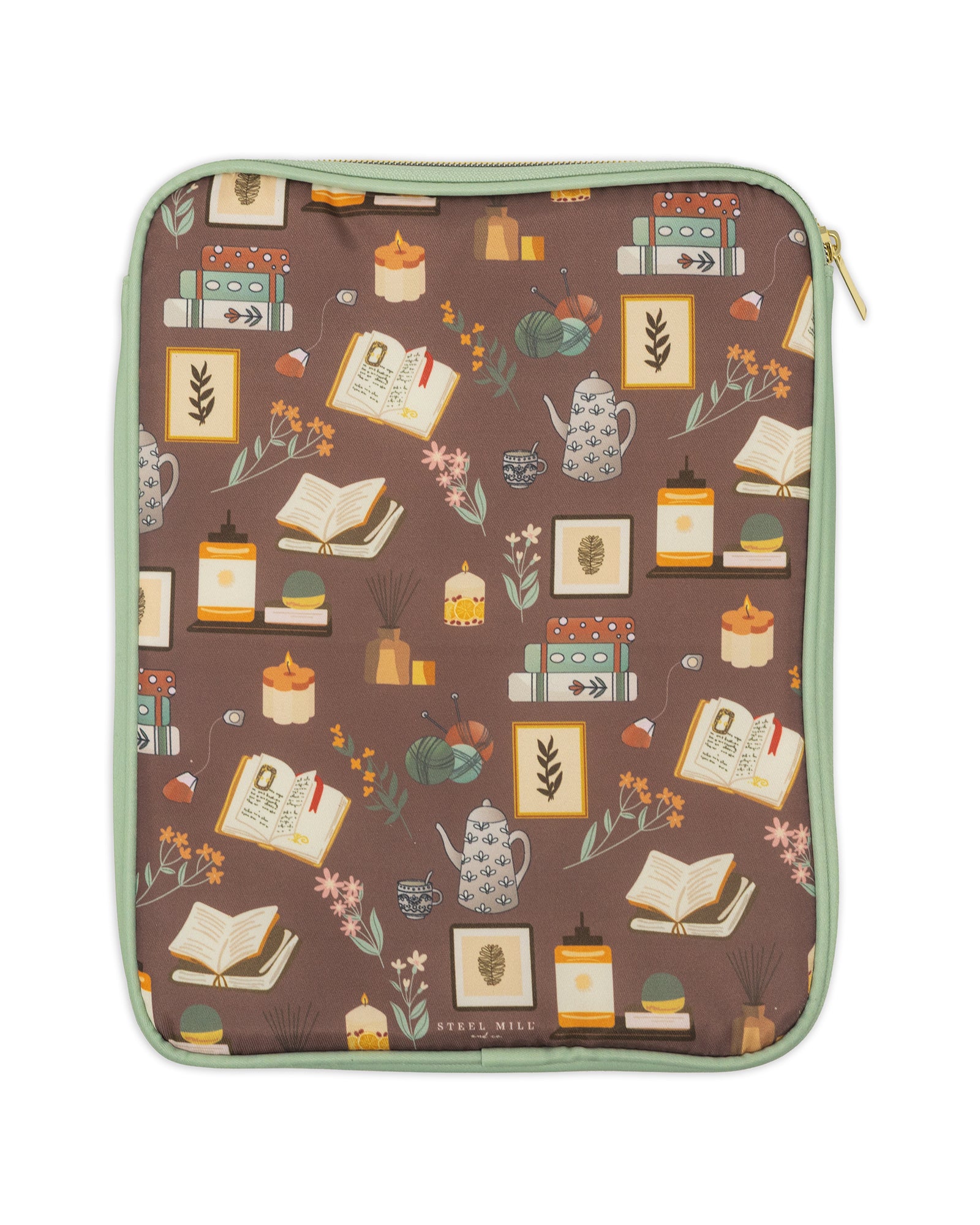 back view of brown book sleeve with colorful cozy book nook icons