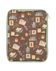 back view of brown book sleeve with colorful cozy book nook icons
