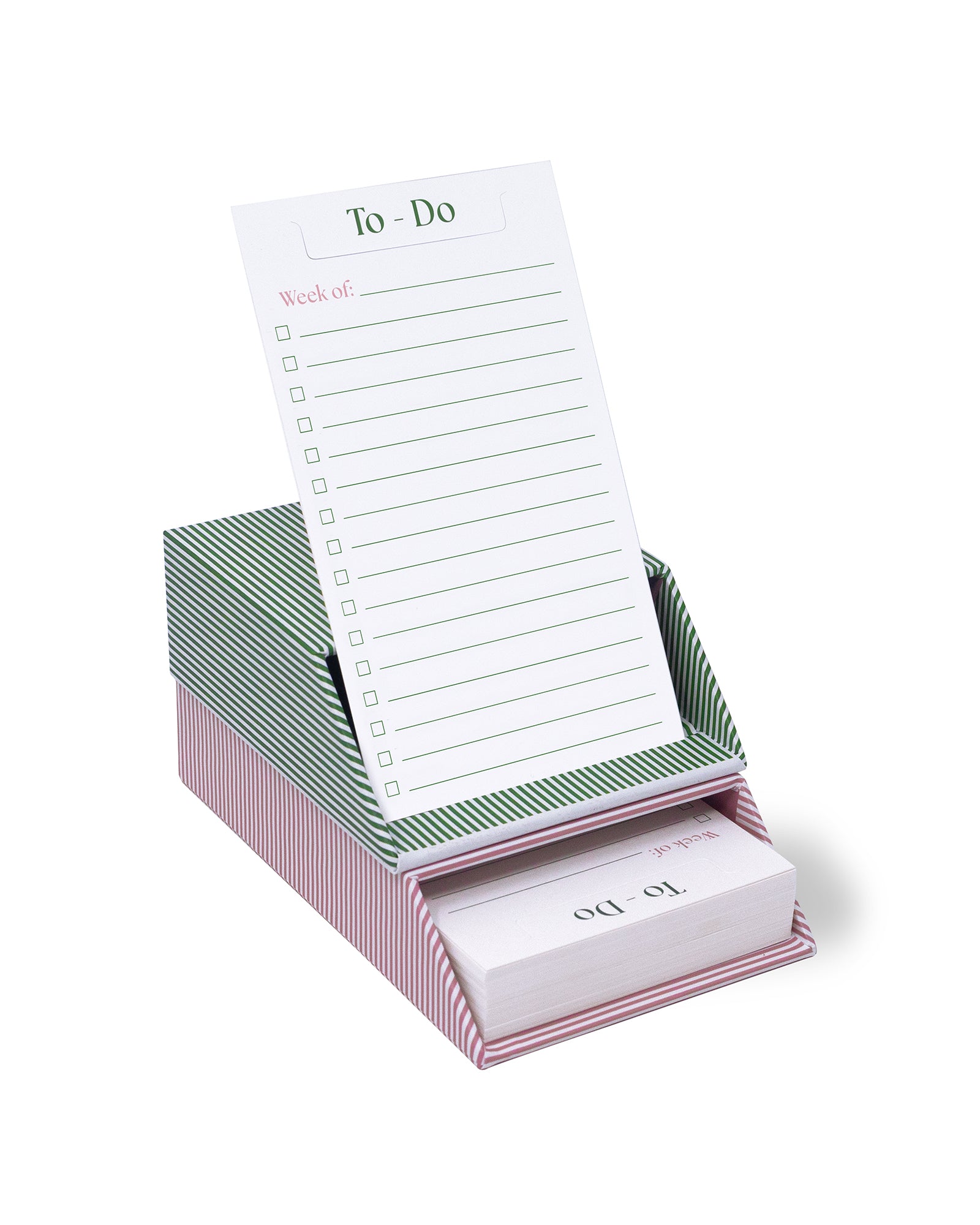 Striped to-do list pad with pink holder on a white background