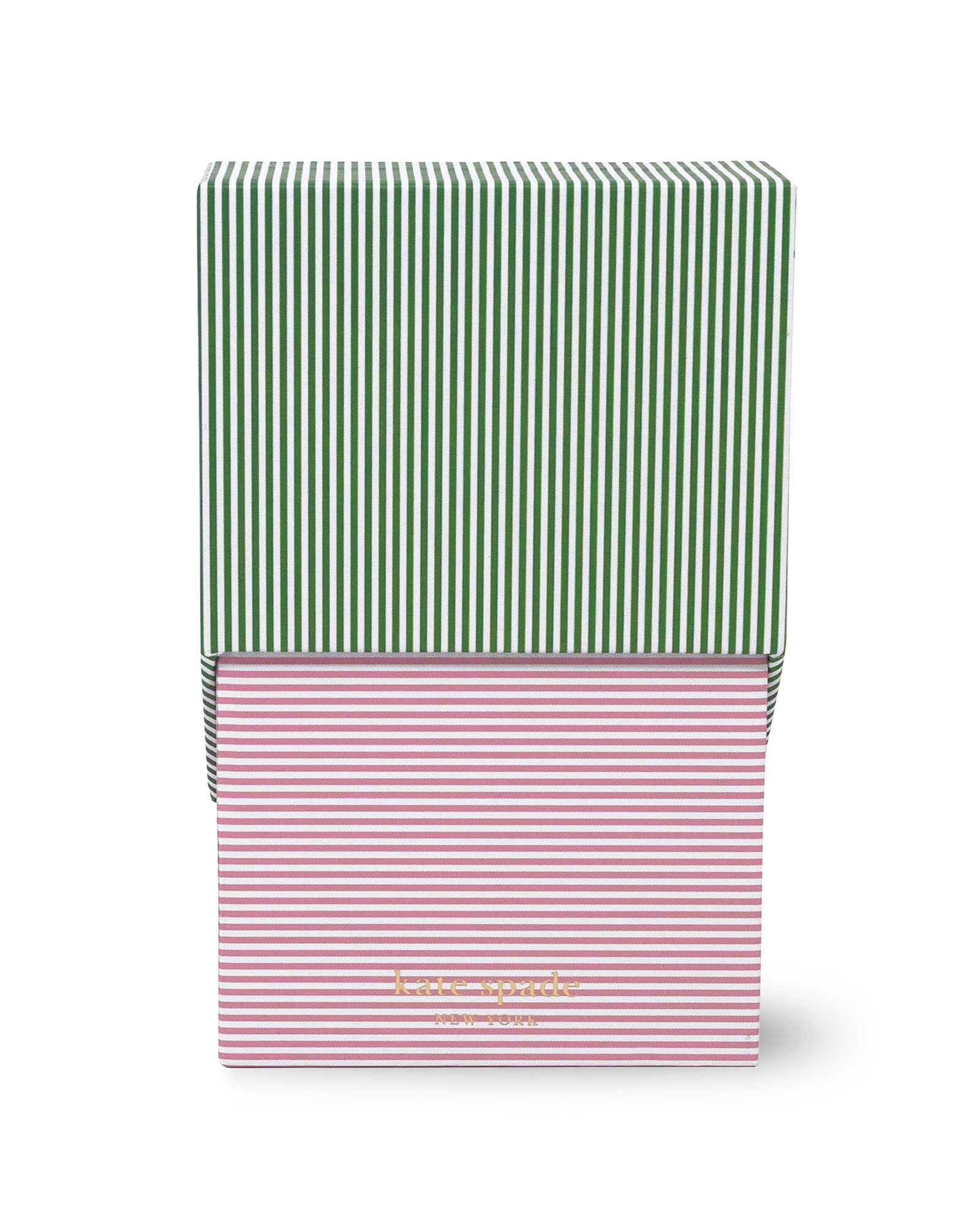 Two striped boxes, one green and white, one pink and white, on a white background.
