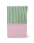 Two striped boxes, one green and white, one pink and white, on a white background.
