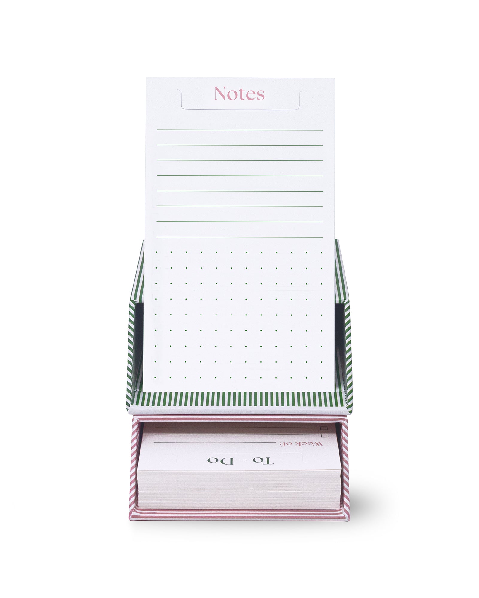 Notebook with a green and white striped holder on a white background