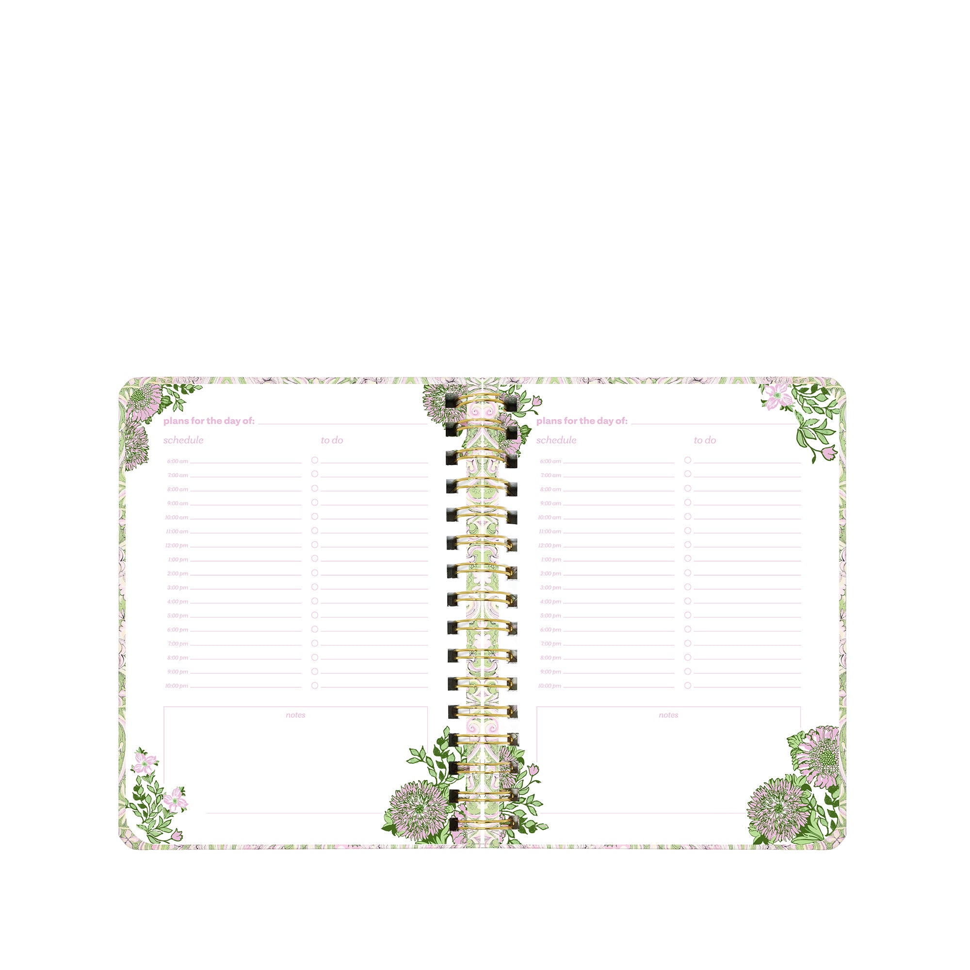 An open spiral-bound planner with decorative floral corner illustrations and a gold-and-black spiral binding, shown on a plain white background.